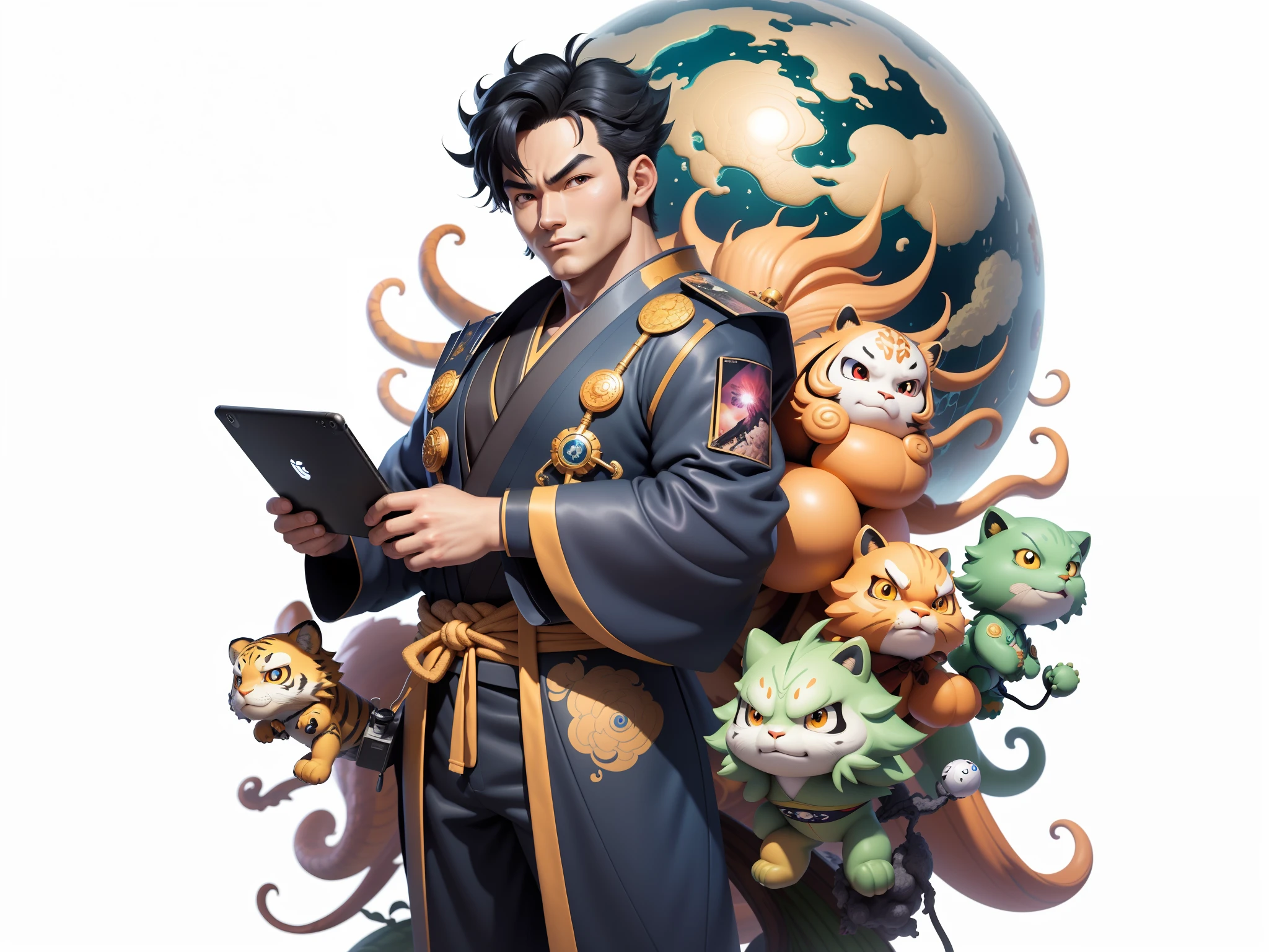 (Masterpiece), (Excellent), (Super Meticulous), (Full Body: 1.2), Super Young Man, Oriental Face, Japanese Kimono, Japanese Wind Thunder God, Dragon, Tiger, TV Anchor, Bust Portrait Illustration, Alone, Black Suit, Blue Tie, Slightly Chubby Face, Very Clean Face, No Beard, Black Super Short Hair, Black Eyes, Confident Smile, 3c Computer Sub-Products, iPad, iPhone, Digital Painting, 3D Character Design by Akira Toriyama and Mark Claireden and Pixar and Hayao Miyazaki, The illustration is a high-definition illustration in 4K resolution with very detailed facial features and cartoon-style visuals.