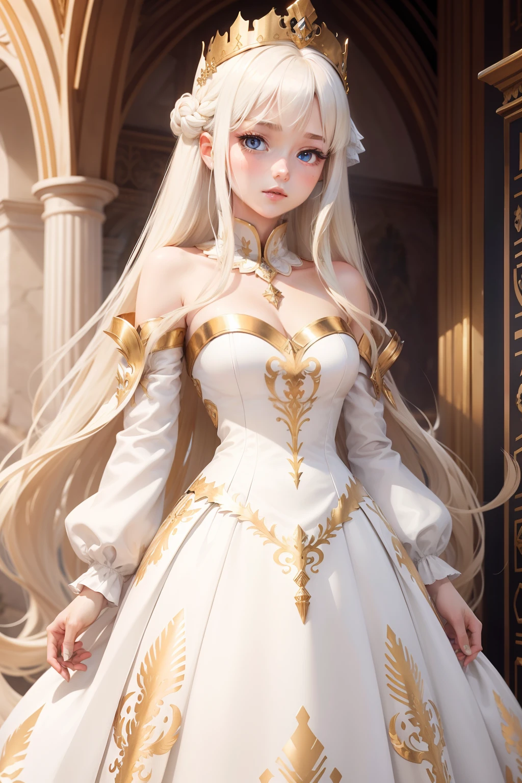 blond hairbl,long whitr hair,a queen,white dresses,Gold pattern,Heterochromic pupils,Silver Crown