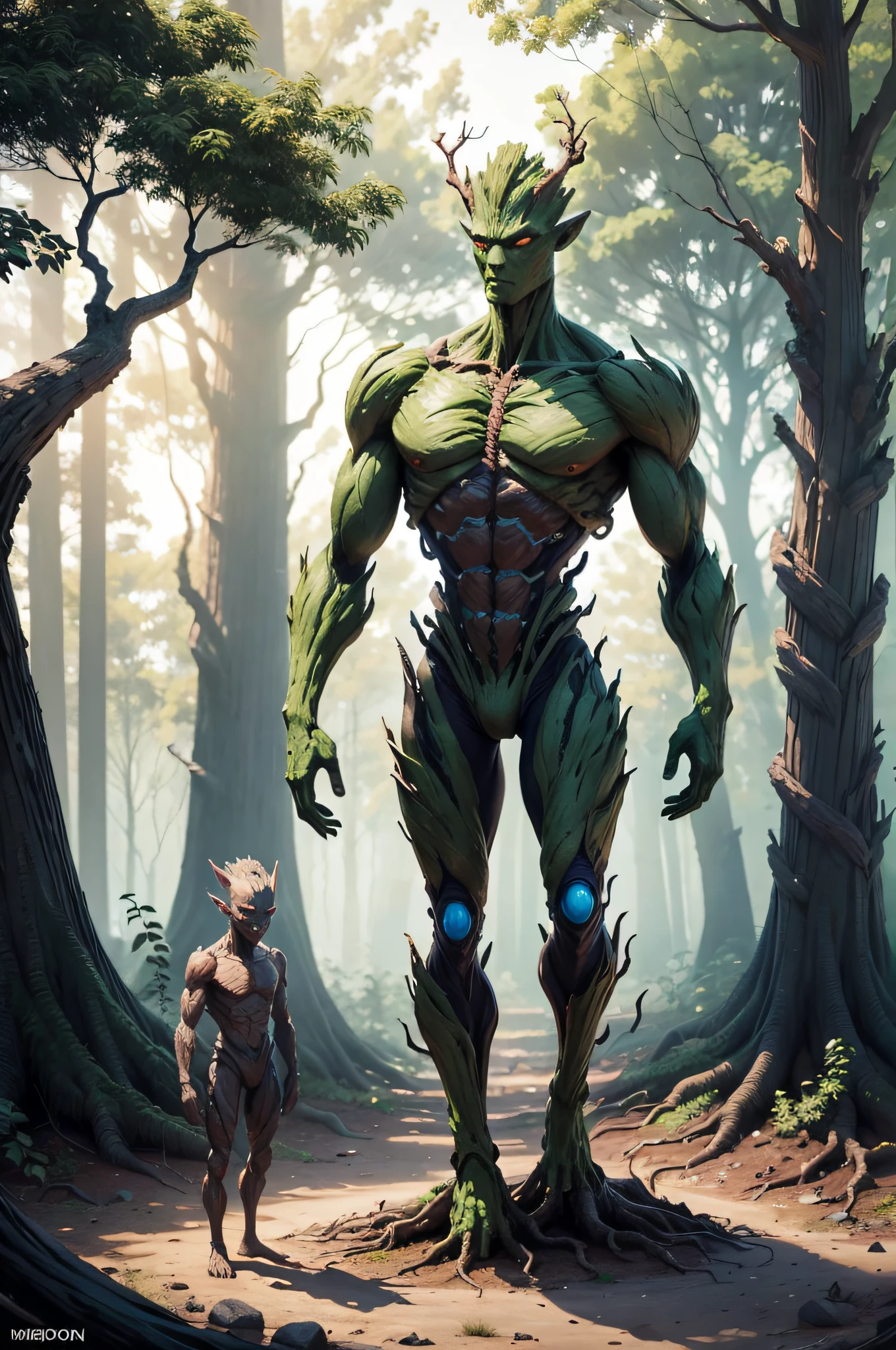humanoid creature with two heads on one body, Its body is made of tree roots and stones and vegetation, 2 metros de altura, Inspire-se no personagem Groot da Marvel