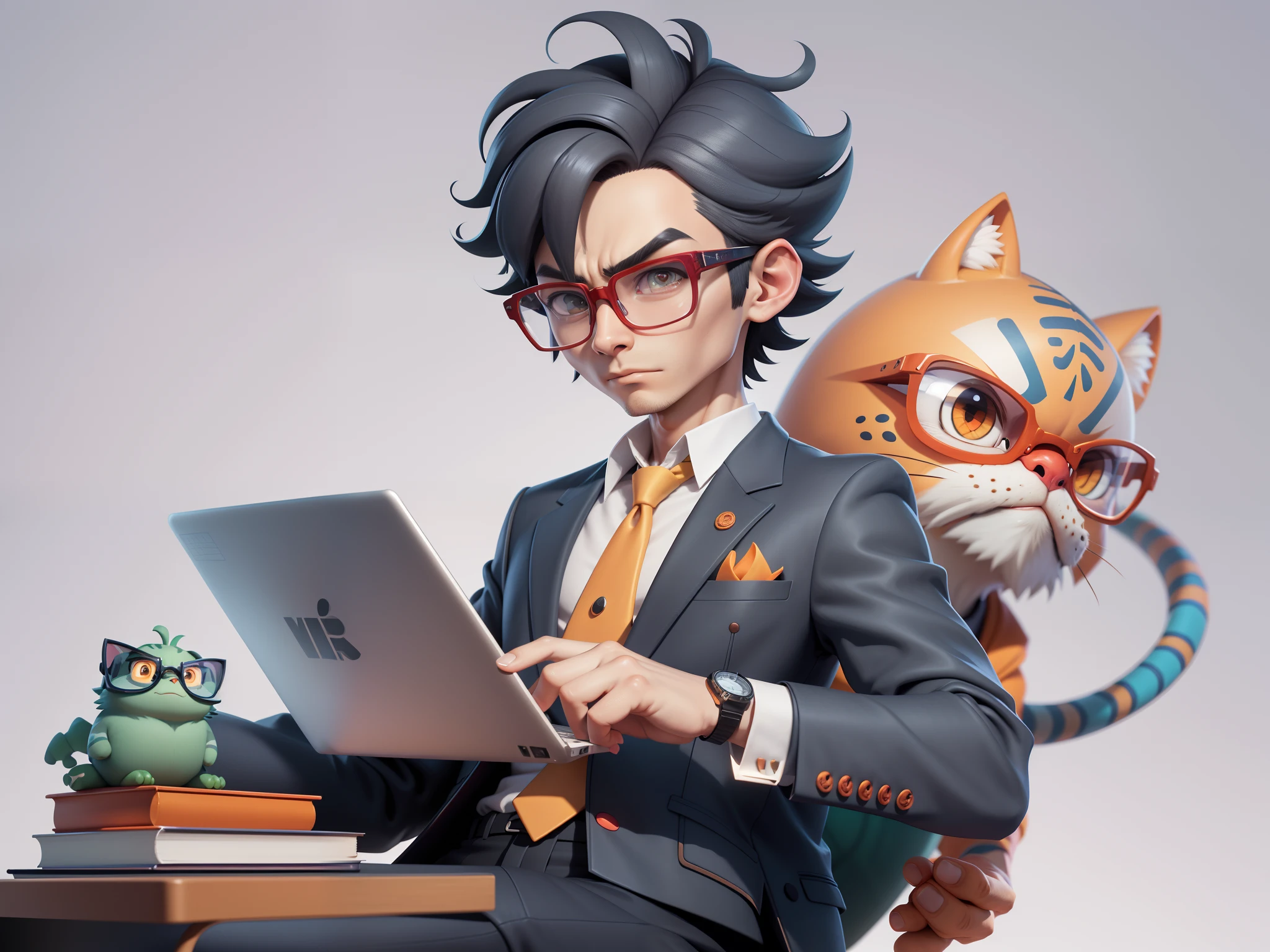 A young man in a suit, Short hair and glasses sat at his desk，holding laptop，digitial painting，tigre，3D character design by Mark Clairen and Pixar and Hayao Miyazaki and Akira Toriyama，4K HD illustration，Very detailed facial features and cartoon-style visuals。