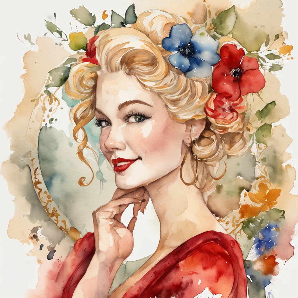 sticker (w\o an outline), pin-up, a waist-high shot of the beautiful Monroe, (((red jumpsuit))), (bigtits:1.8),T-shirt design, clean design, ((white background)) , nice perfect face with soft skin , by Dmitry Moor, by Gustav Klimt , vibrant watercolor tones, concept art, 8k resolution, oil painting, black vignette