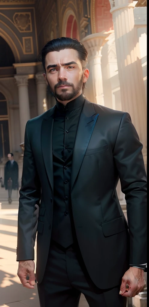 A man with black dress and blue Jacket standing in front of a palace, Full body, Detailed, Same face as per Image, beautiful picture,