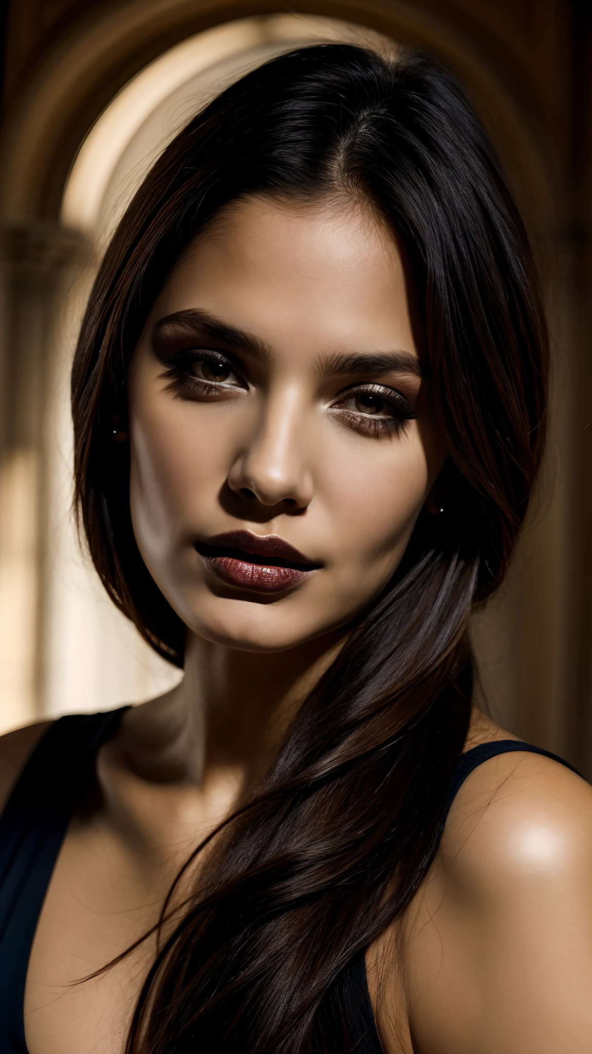 (one-1-person:1.2), beautiful latin lady, dark makeup, hyperdetailed photography, soft light, head and shoulders portrait, cover