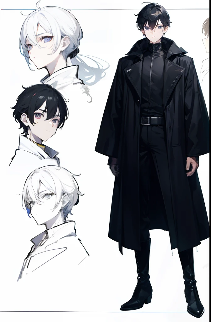 Full Game art design character sheet and Ink drawing line art about a boy wearing a long black coat, boots, face mask
