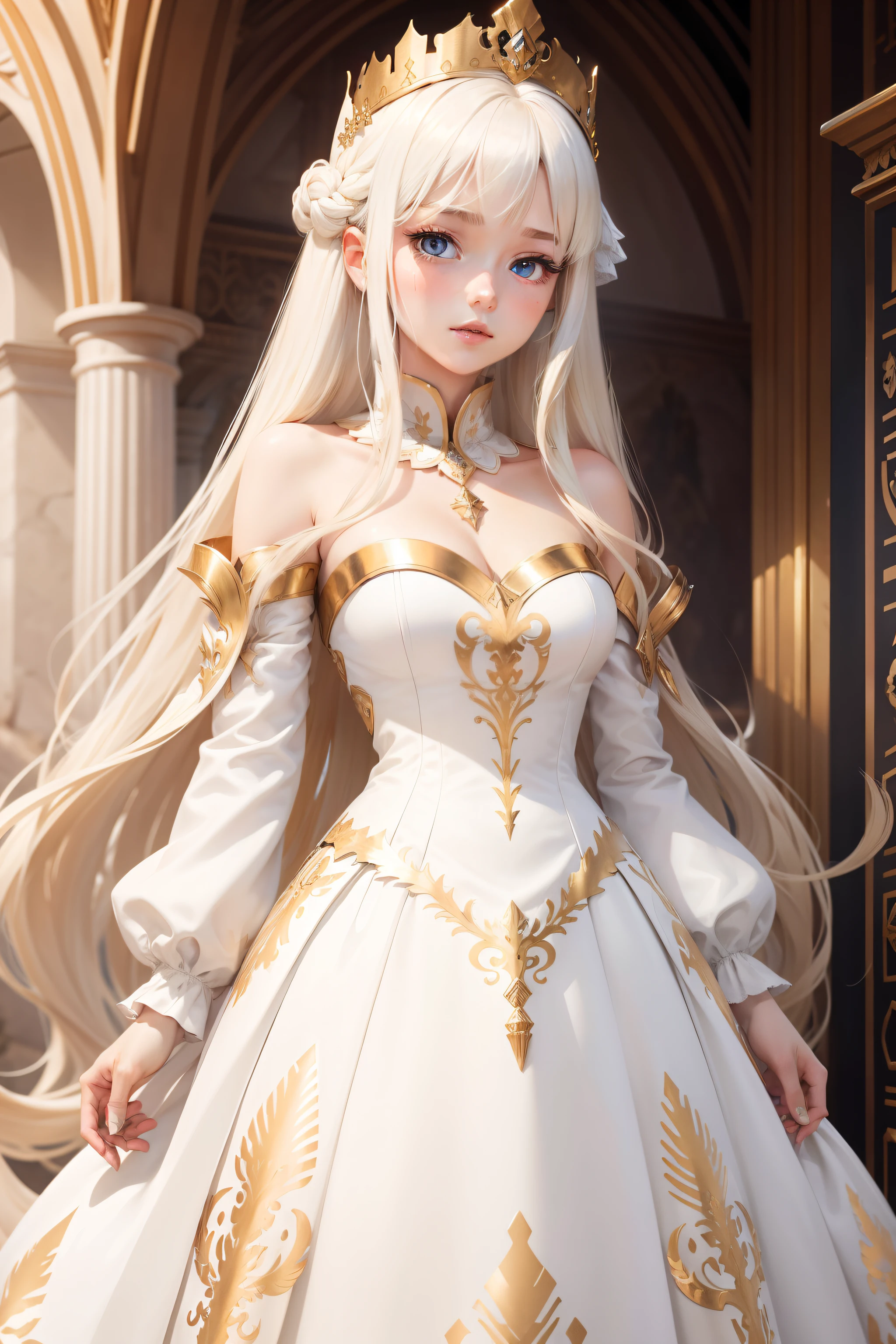 blond hairbl，long whitr hair，a queen，white dresses，Gold pattern，Heterochromic pupils，Silver Crown