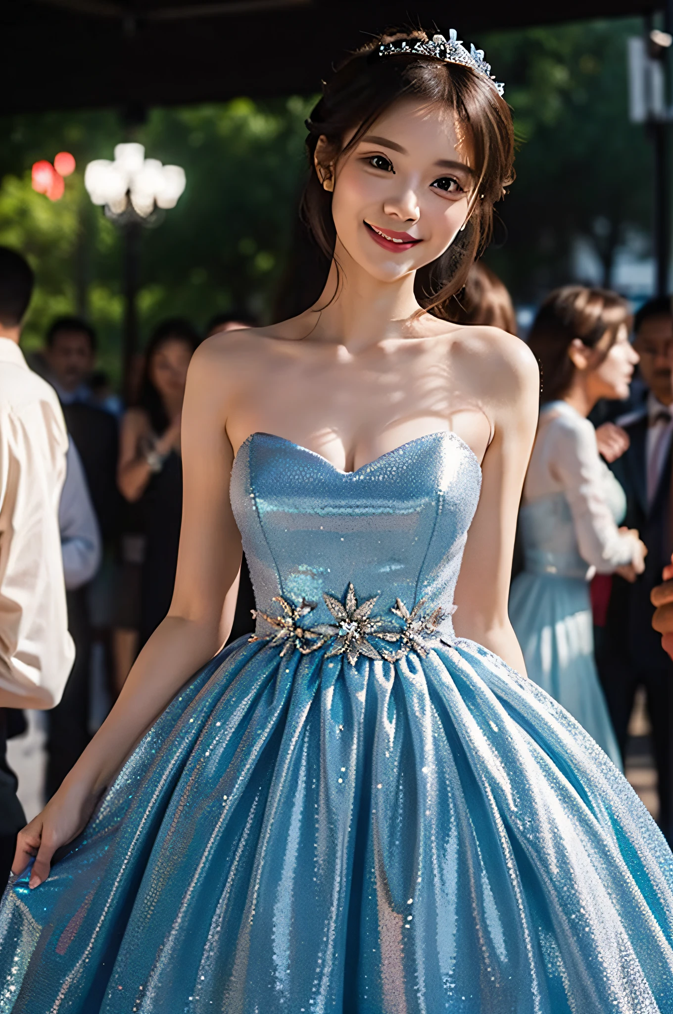 A close up of a woman in a blue dress standing in a crowd - SeaArt AI