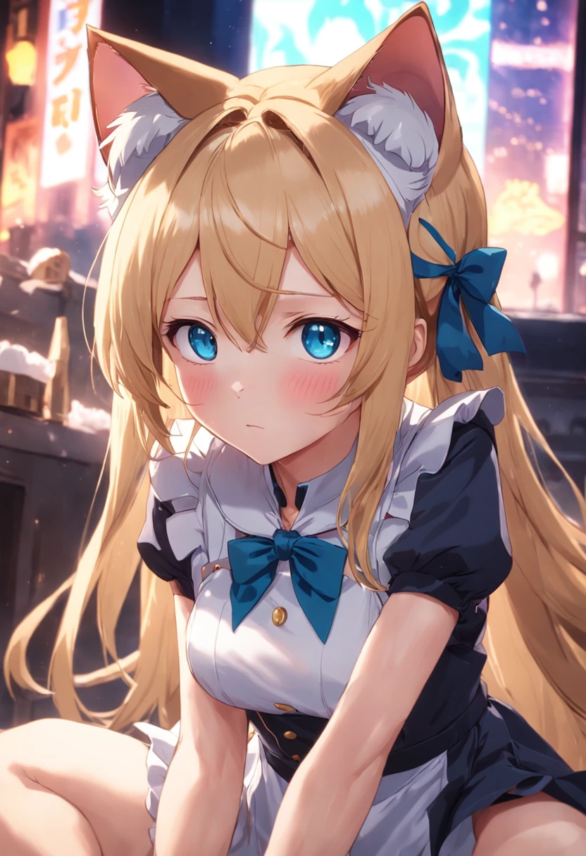 cat ear,eBlue eyes,blond hairbl,the maid outfit,Lie down,shy,with her mouth open
