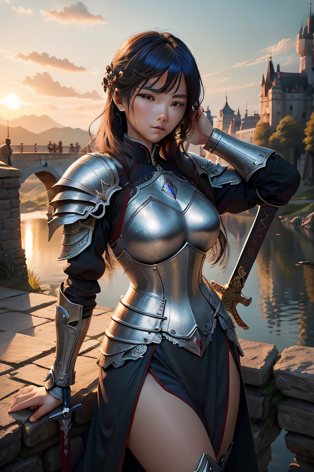 The resolute female knight stood on the stone bridge,Show inner strength and courage。She wears ornate armor,Armed with a sword that shines in the setting sun,Behind is the majestic castle。The intricate details on the armor and the delicate texture of the sword bring the whole scene to life。