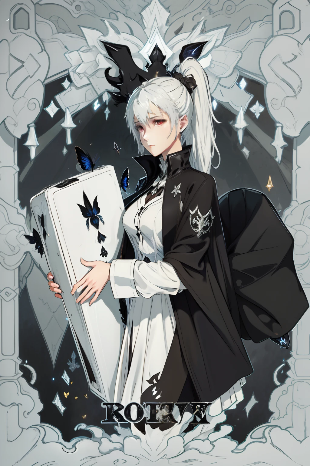 Monster white shirt black coat girl lying in pure black coffin, ultra - detailed , Fantastical,Many black butterflies,Fantasy world,Not exposed,white shirt,blacksuit,The left side is tied into a ponytail,Gray hair,Fantasy concept art black suit