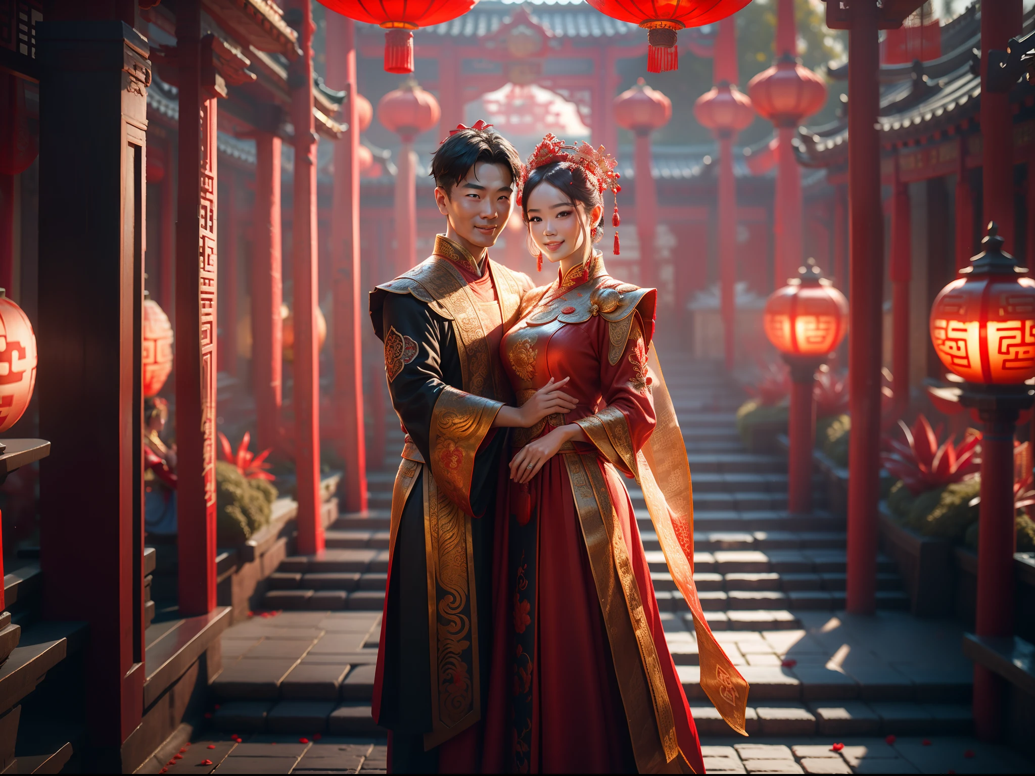 1 man and 1 woman are married,Stand in front of a Chinese-style building, closeup shot of face,Clear facial features,Happy smile, Shy, Look at each other affectionately,All dressed in old red clothing,Hold hands with each other,A man dresses in ancient costumes in red and gold,A woman wears a red-gold ancient long dress,with a crown on her head, Chinese courtyard in the background,Red lanterns,Rockery,depth of fields,Super clear,8K