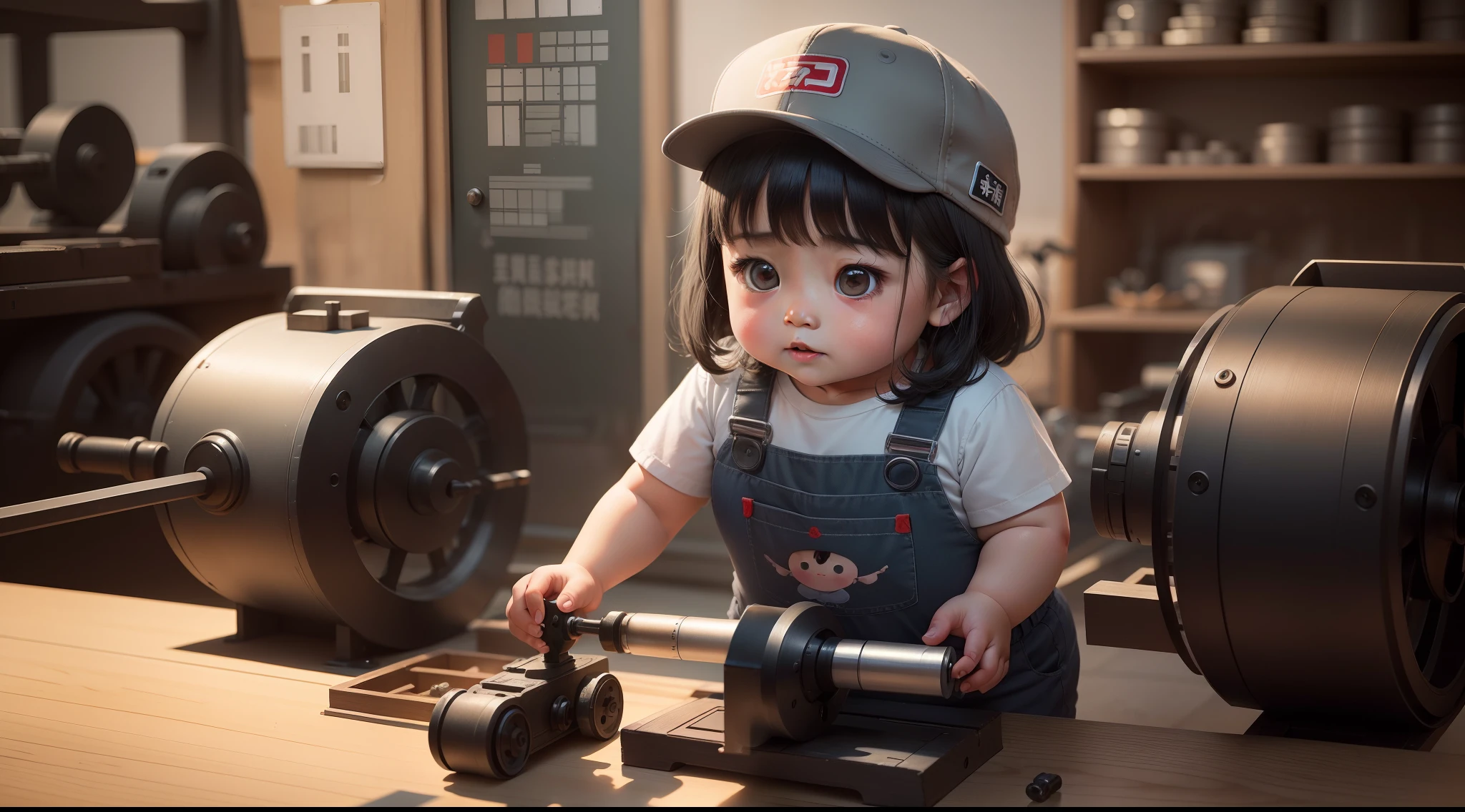 A 3-year-old slightly chubby girl in China, Wear a cap,Gray tooling,Gray trousers,Lathe operation,Workshops, Workshops,assembly line,Black hair, adolable, with brown eye,by Pixar, tchibi,frontage,Full body portrait