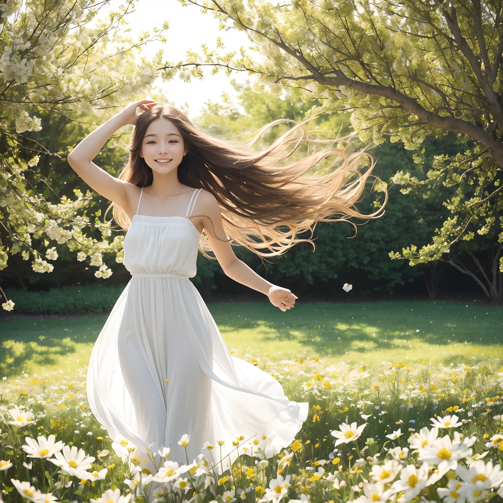 A girl in a flowing white sundress standing in the midst of a vibrant flower field, gentle breeze tousling her hair, sun-kissed glow on her skin, carefree and radiant smile, blossoms of various colors surrounding her, ethereal and dreamy atmosphere, reminiscent of Botticelli's "Primavera," soft and natural lighting, idyllic summer scene.