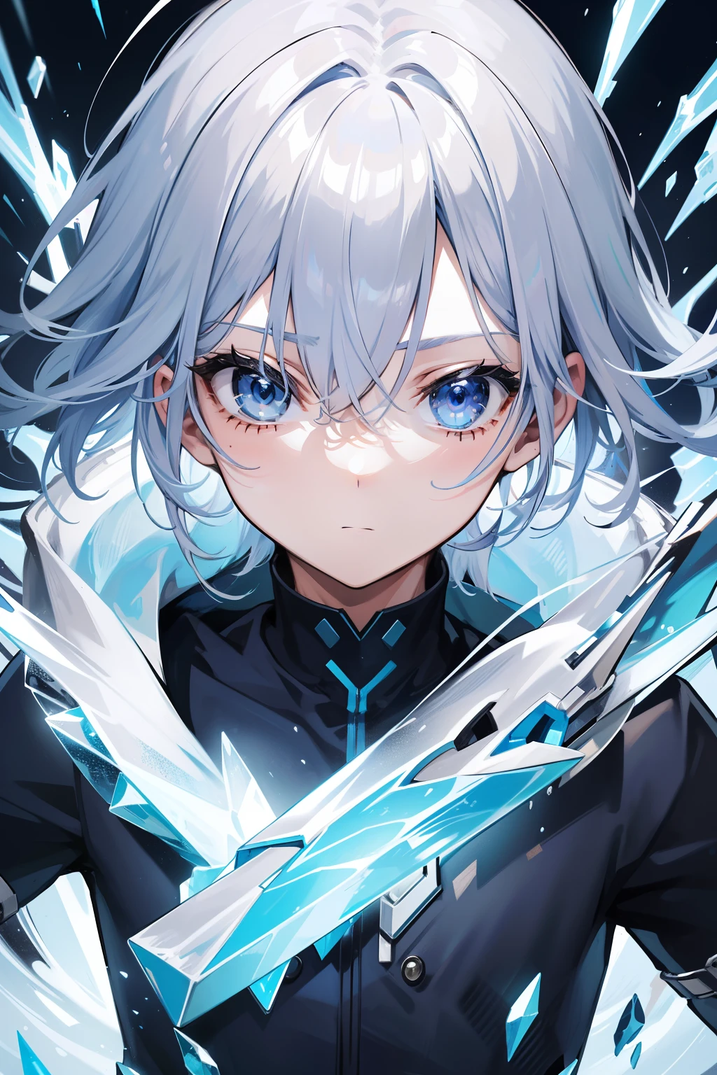（ultra - detailed，A high resolution）A teenager with white hair，The azure blue eyes have light shooting out，With an eye patch，Color contrast dark background，There is blue lightning
