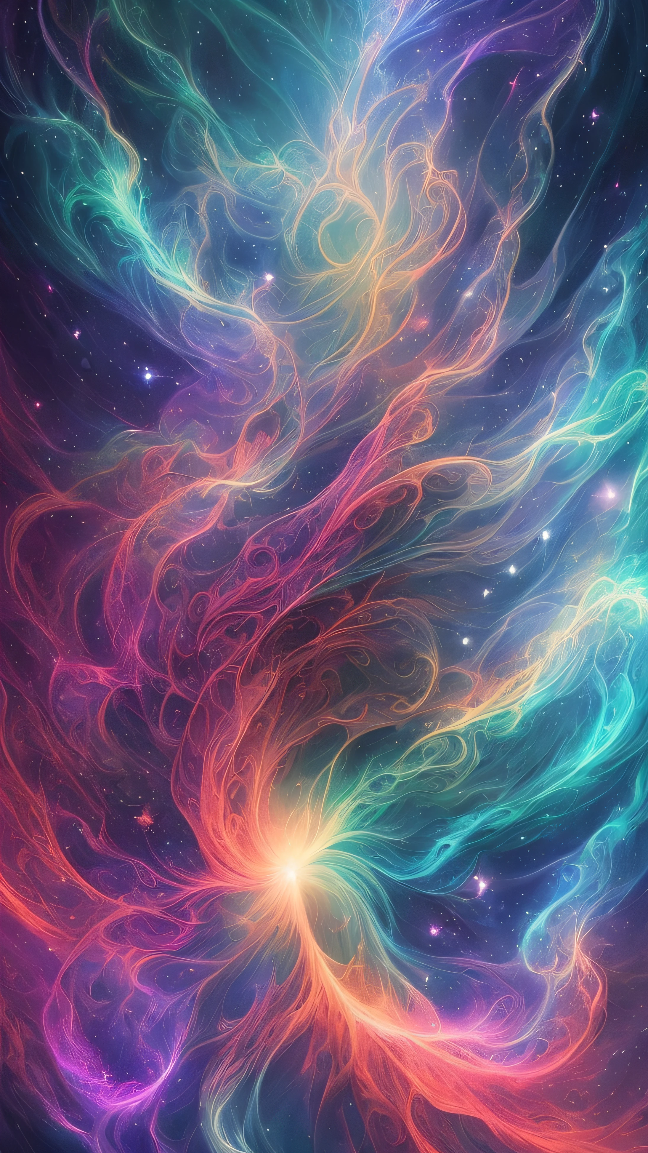 inconceivable and spectacular a scene of emergence of a figure from the glowing cloud, fractal nebula threads, cosmic entities, celestial, cosmic, vibrant and vivid, swirls, twirling, unrealistic, high contrast, symobolism, magical, mystical, mystifying, hyperrealistic, oversaturate, colorfully