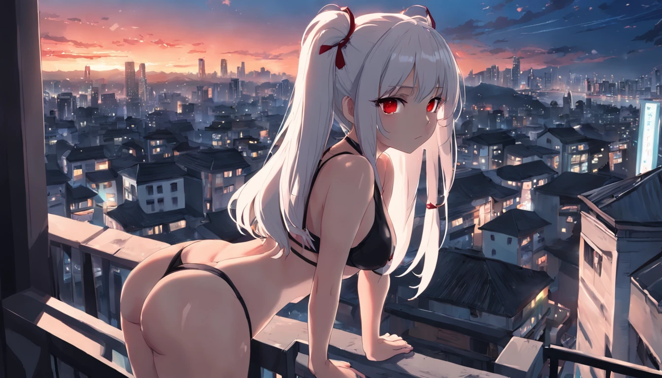 1girl, red eyes, white twin tail hair, leaning on balcony, staring at city scenery, wearing black bikini