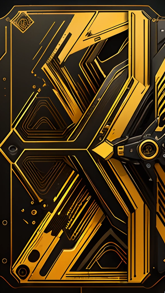 Close up of gold and black poster on black background,Render mechanical lines,Cool,Vector graphic design,