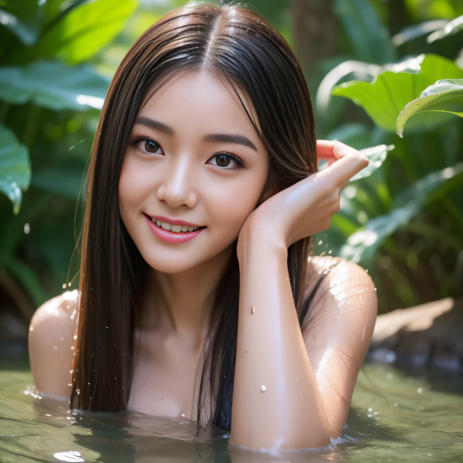 1 Borneo Tribal Girl, Sitting naked in a river bath forest, deep forest, leaf floating in flowing water, Hyper realistic, Lifelike texture, Dramatic Lighting, nikon RAW photo, 8K, Fuji XT3,Citrine Dream Mix, masutepiece, Best Quality, Realistic, Naked, Show , (Photorealistic:1.4), Ultra-detail, extra detailed face, solo, entire body visible, (((Smile:1.2)))
