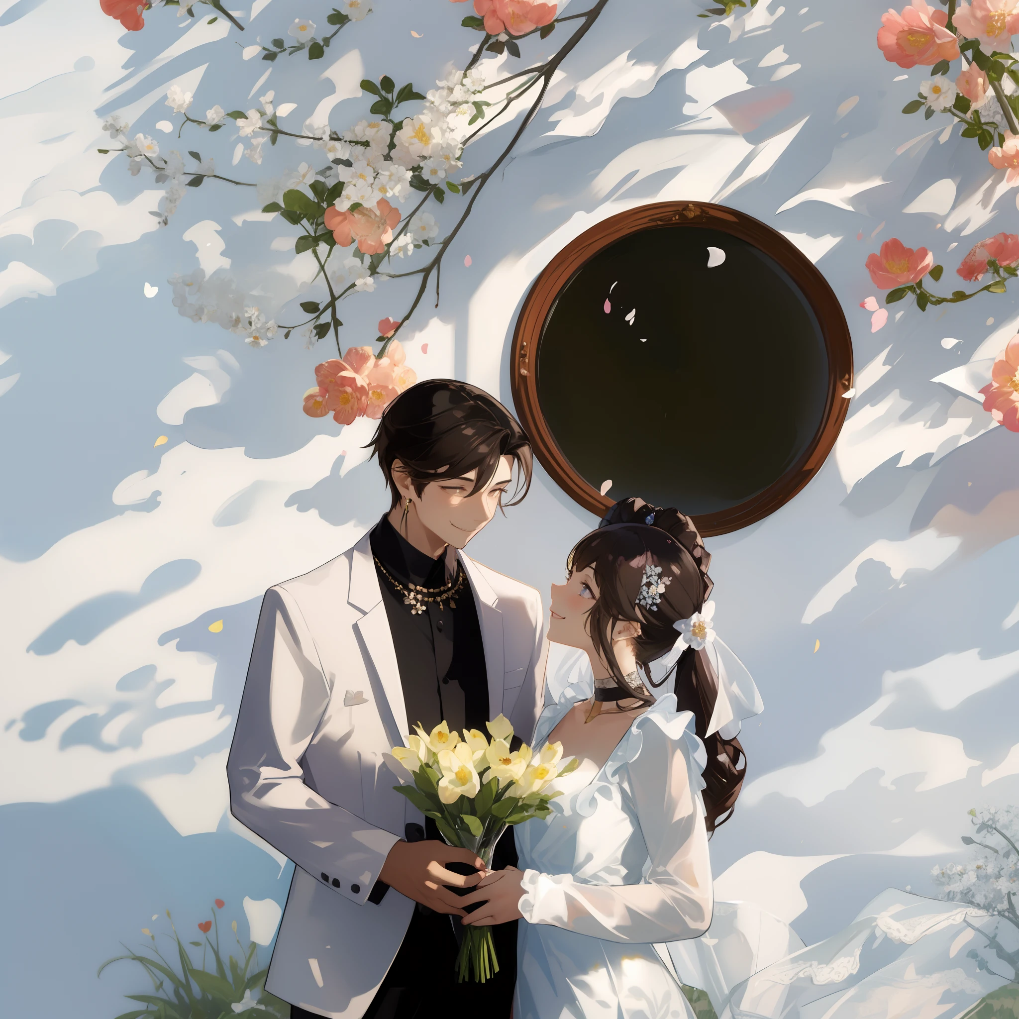 masterpiece, best quality, 2others, couple, 1man with 1woman, Height difference, happy, love, smile, flower-filled landscape