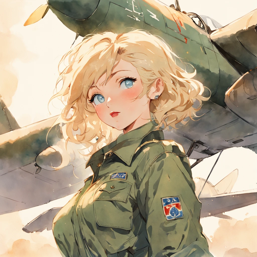 Vintage watercolor of beautiful woman with blonde hair and blue eyes very similar to Marilyn Monroe in a pin-up style military green aviator jumpsuit, in front of a war plane. Full body image of a woman.