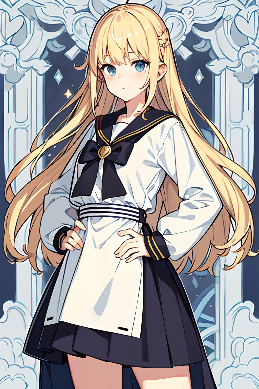 a beauty girl,Dark long-sleeved sailor suit,Half of the face,A half body,long whitr hair,blond hairbl,Pinch your waist with your hands,obi strip