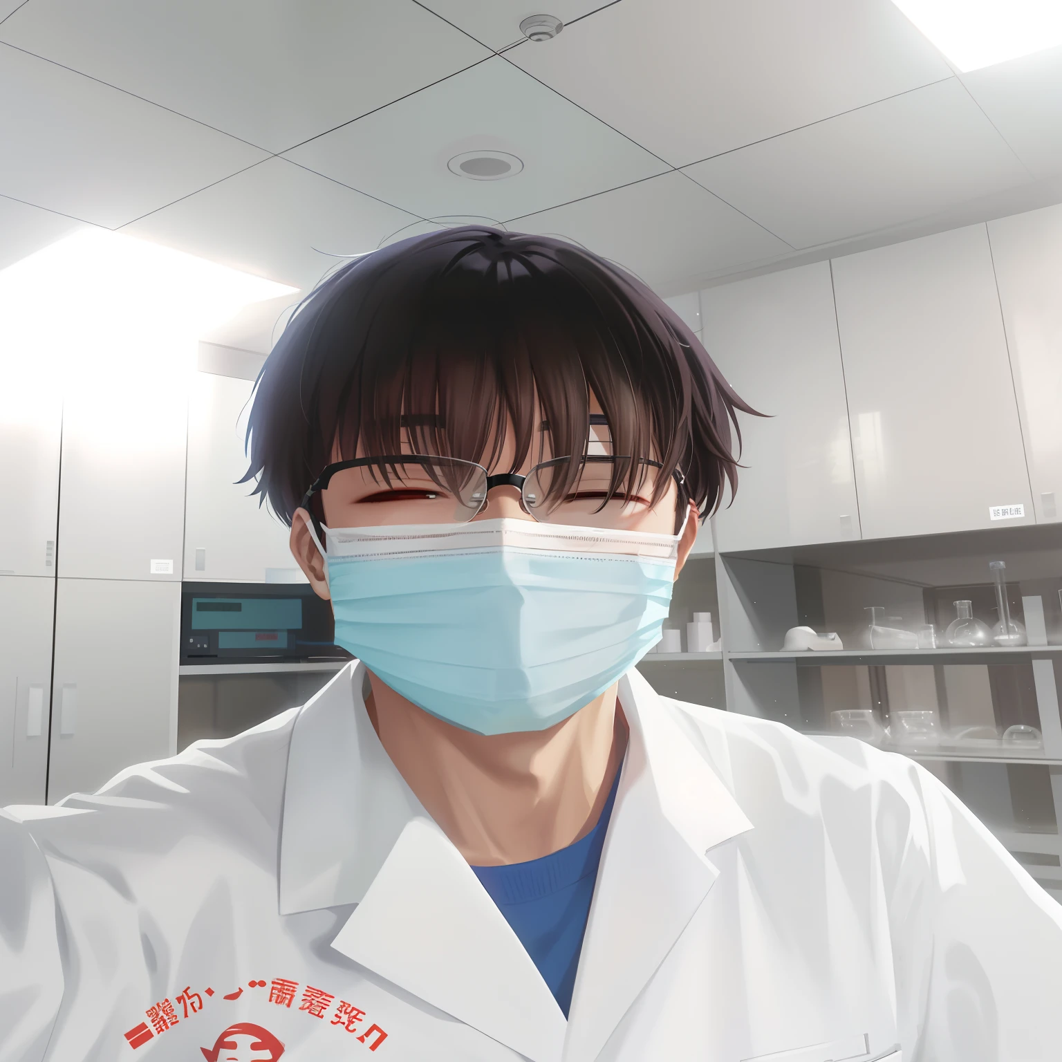 solo,Arafeld male wearing lab coat and mask, wearing lab coat and glasses, Li Zixin, wearing a lab coat, With a lab coat, Wearing a lab coat, xintong chen, Wang Qichao, jinyiwei, yihao ren, in a lab, mingchen shen, wearing lab coat and a blouse, wenjun lin