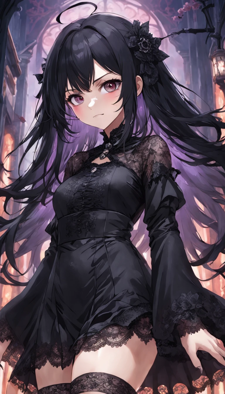 Works of masters,Best image quality,extremely detaile,A MILF,ssmile,Large volume of fluffy hair,gyuru,Close-up,Cinematic lighting,(gothic clothing,Black lace,dark make-up,Gothic-themed events:1.5)