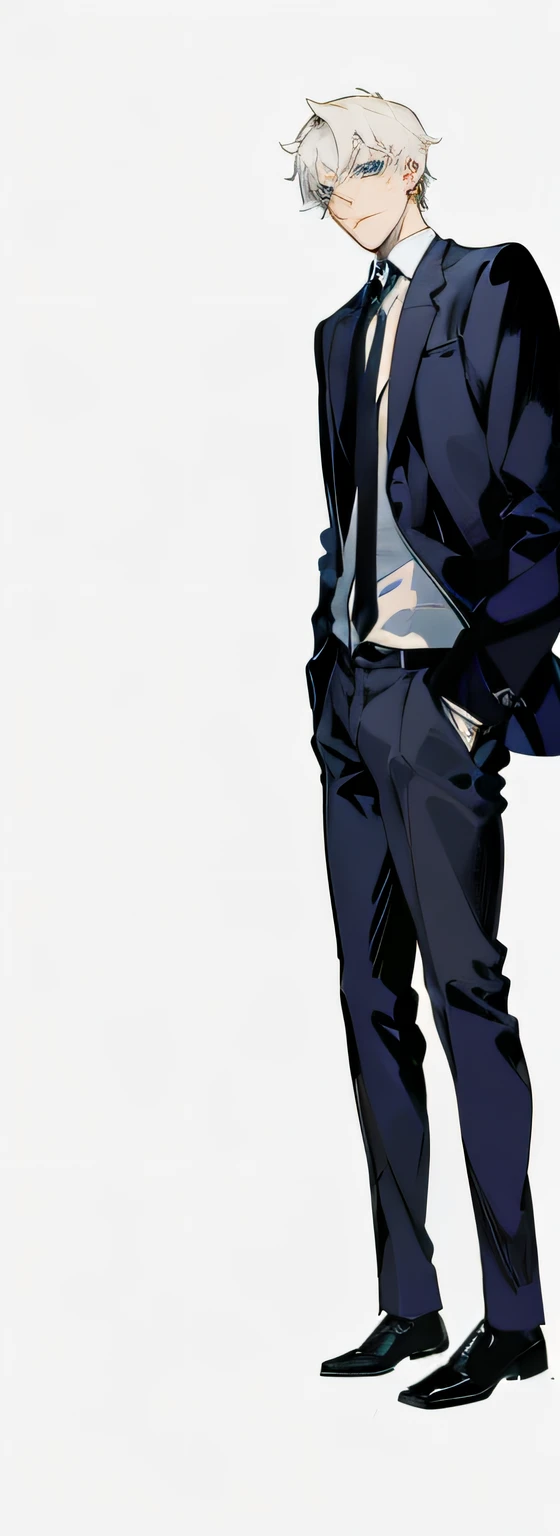 Anime characters standing in front of white background in suit and tie, anime full body illustration, Handsome anime pose, Tall anime guy with blue eyes, character full body portrait, Anime handsome man, male anime character, full-body portraits, subject detail: wear suit, vector shaded anime, full body character portrait, kentaro miura manga art style
