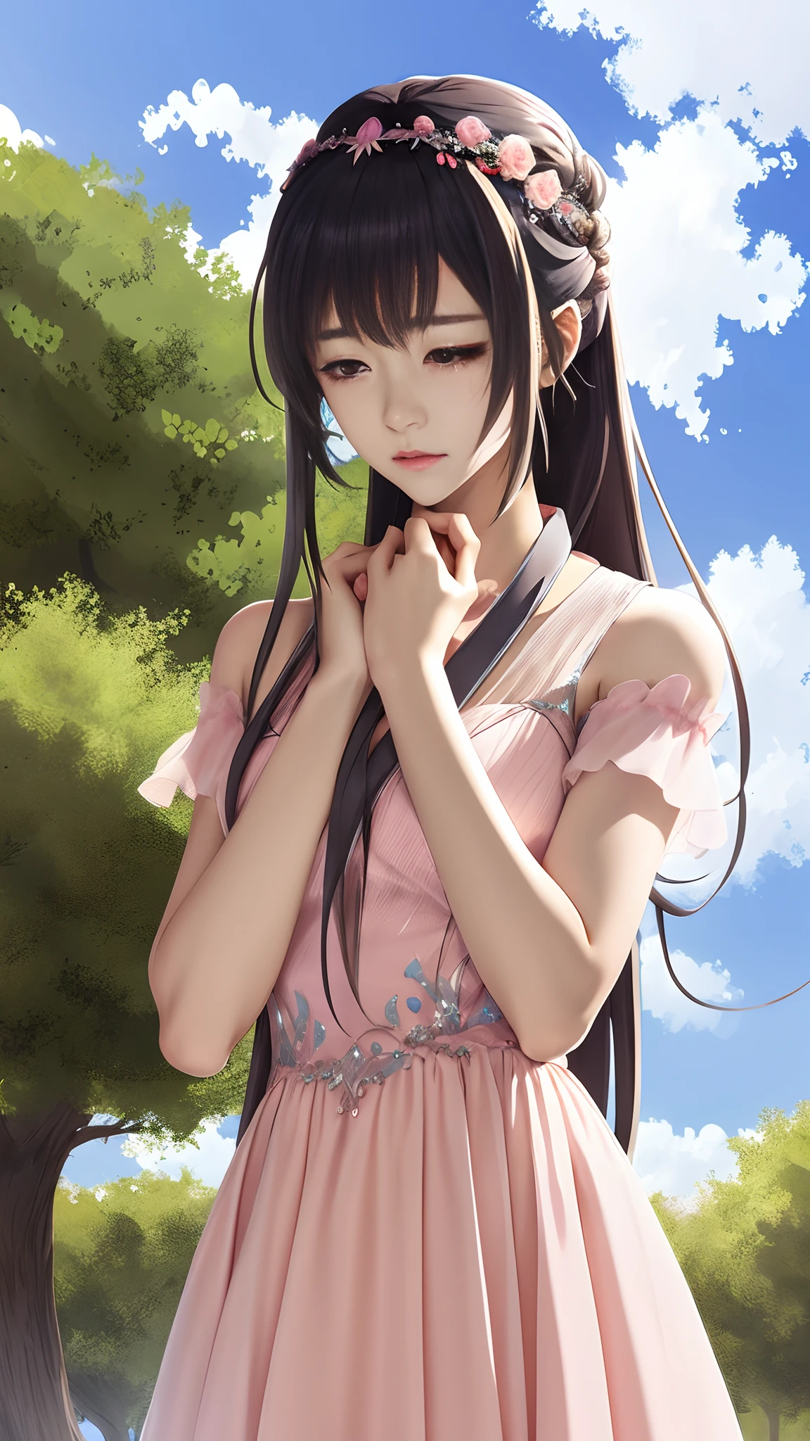 An anime girl wearing pink frock crying
