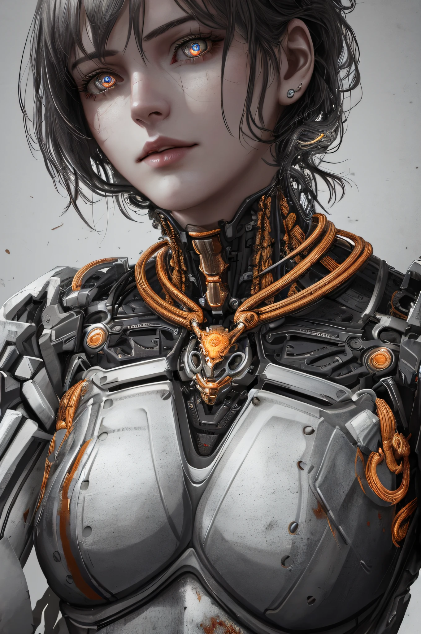 1mechanical girl,((ultra realistic details)), portrait, global illumination, shadows, octane render, 8k, ultra sharp,metal,intricate, ornaments detailed, cold colors, egypician detail, highly intricate details, realistic light, trending on cgsociety, glowing eyes, facing camera, neon details, machanical limbs,blood vessels connected to tubes,mechanical vertebra attaching to back,mechanical cervial attaching to neck,sitting,wires and cables connecting to head