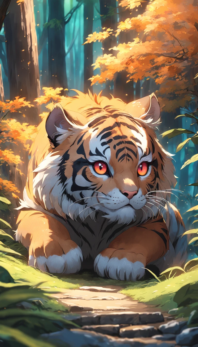 Colorful cute little tiger in magical forest, largeeyes, Render in ultra-realistic detail, Sharp, High-quality details, 85mm