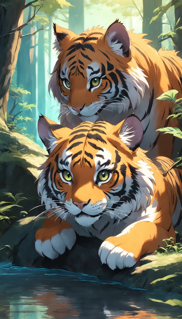 Colorful cute little tiger in magical forest, largeeyes, Render in ultra-realistic detail, Sharp, High-quality details, 85mm