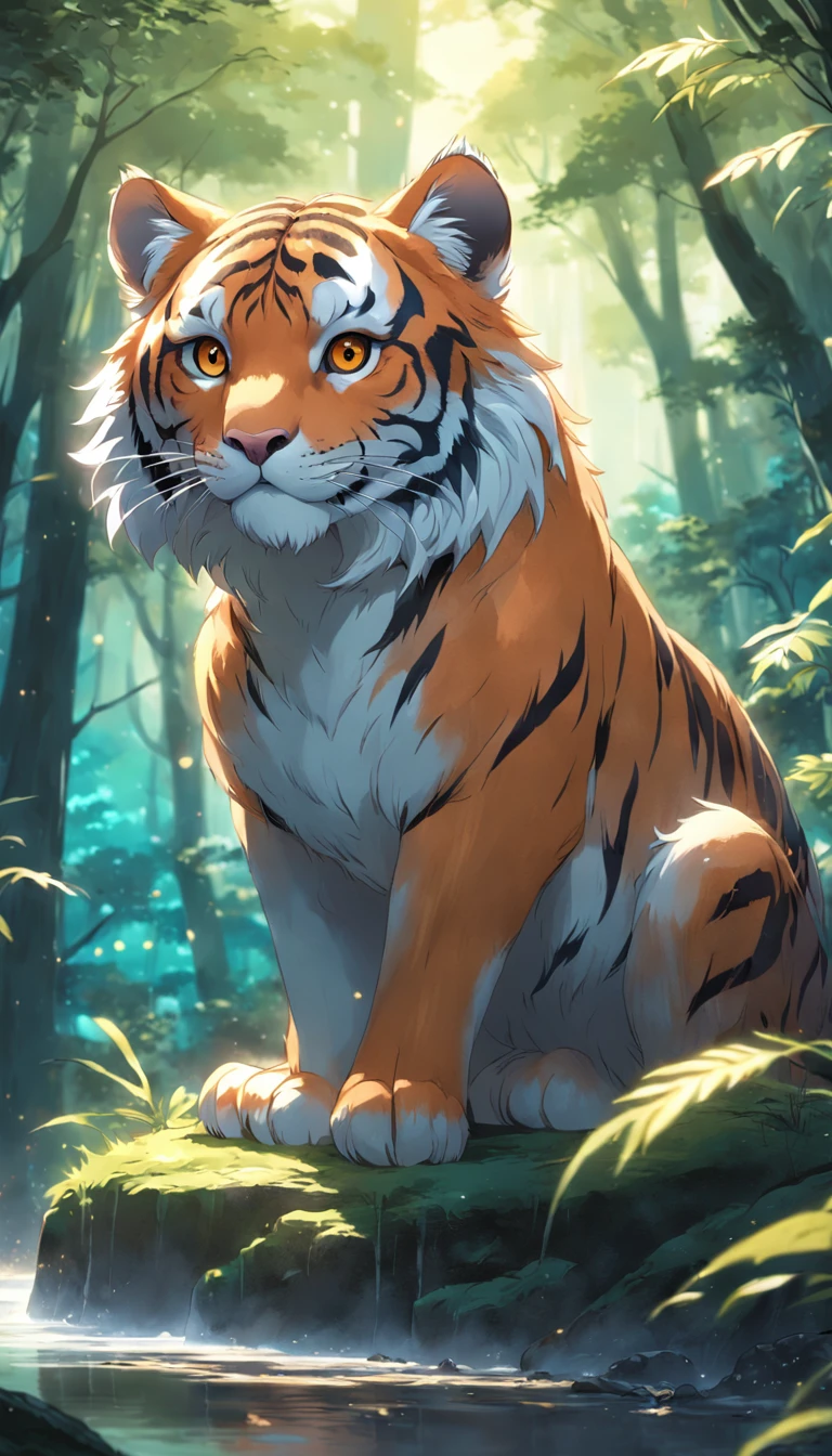 Colorful cute little tiger in magical forest, largeeyes, Render in ultra-realistic detail, Sharp, High-quality details, 85mm