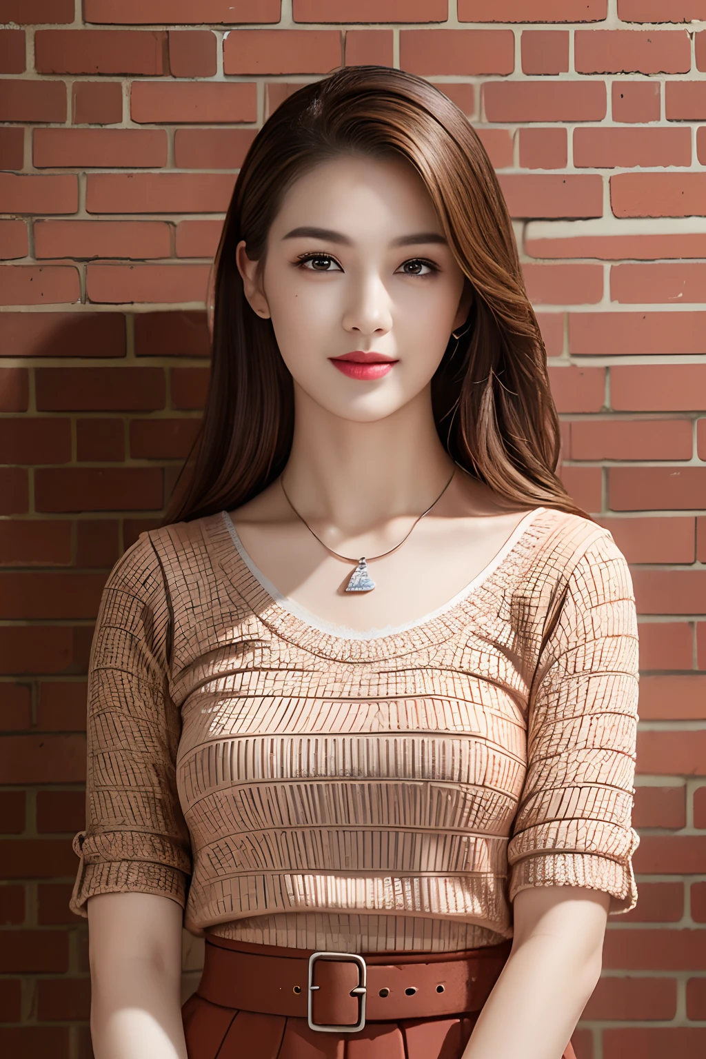 ((Brick wall、Realistic light、top-quality、8K、masterpiece:1.3))、1girl in、A slight smil、Slim Beauty:1.4、brown haired、Grey knitted shirt、Red bean-colored long skirt、Thin Silver Necklace、A detailed eye、zoomout