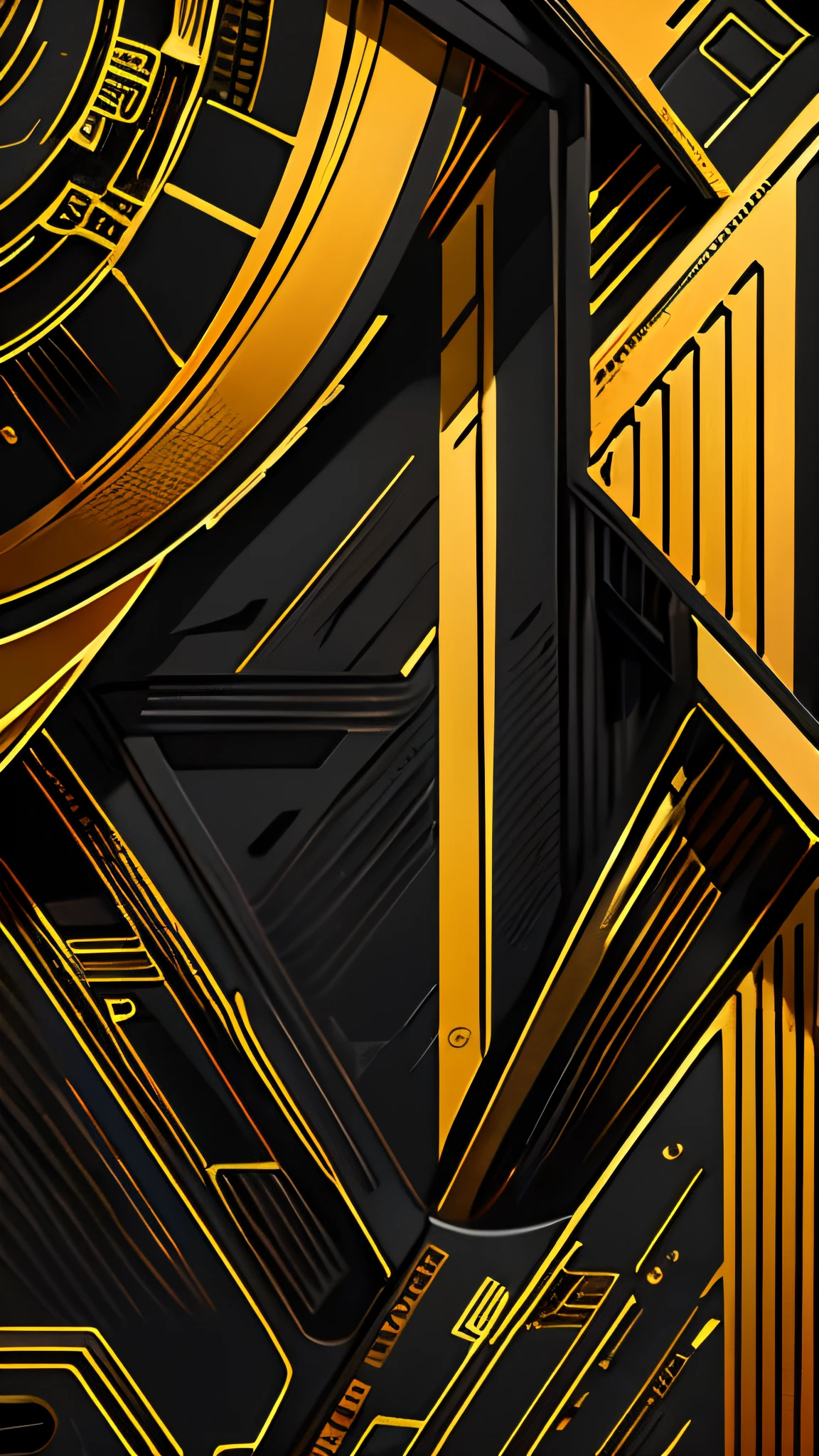 Close up of gold and black poster on black background，Render mechanical lines，Cool，Vector graphic design，