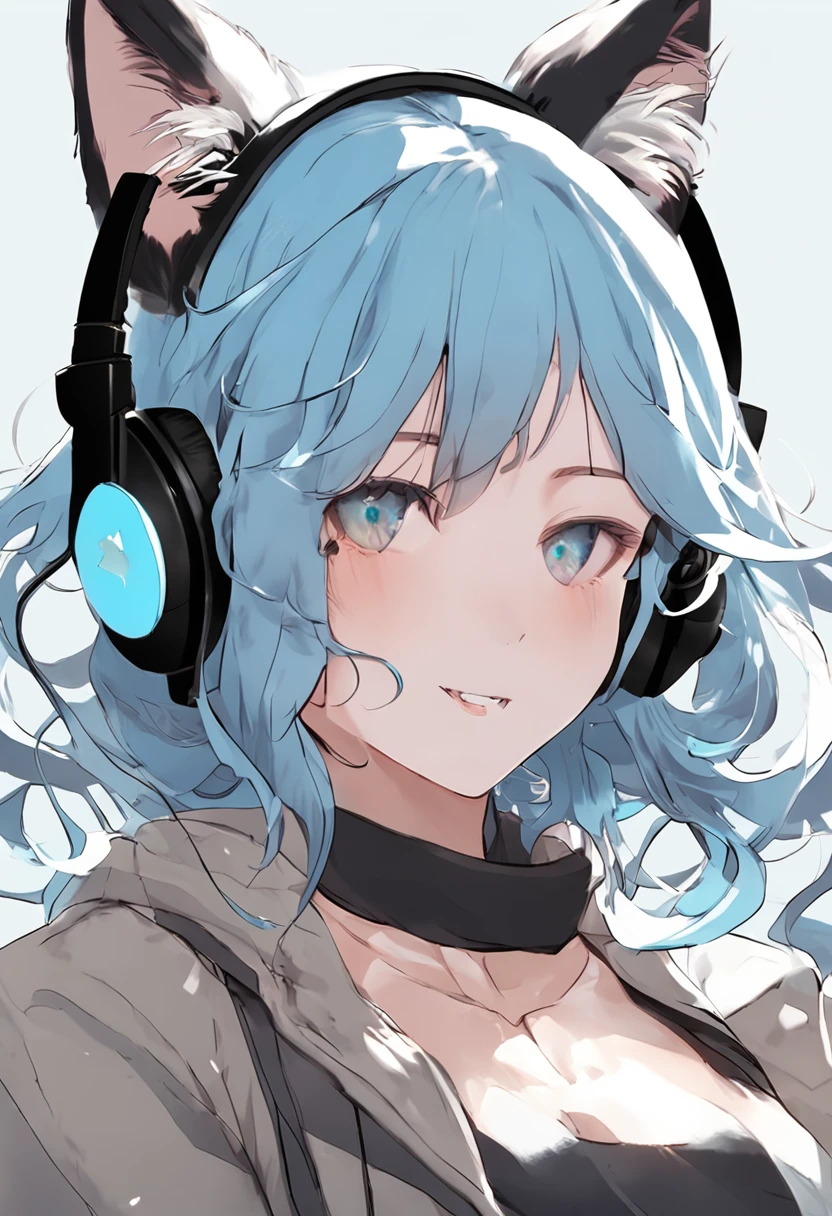 light blue hair, ahoge, wavy hair, antlers, mouth veil, mole under eye, heterochromia, cat ear headphones, fangs, tsundere, anime style, anime, stereogram, move chart, close-up, Ultra-Wide Angle, masterpiece, high quality, textured skin, highres, best quality, 4K