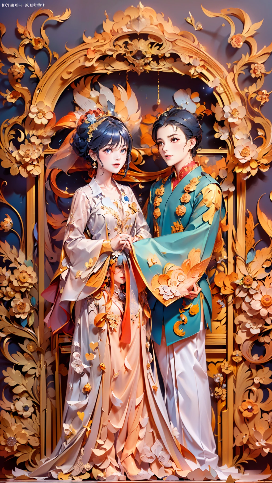 (A newlyweds dressed in Tang costumes:1.4)，low head，(illustration:1.3，paper art:1.3, Quilted paper art:1.2),( reasonable design, Clear lines,best quality, masterpiece, movie lighting effects, 4K )