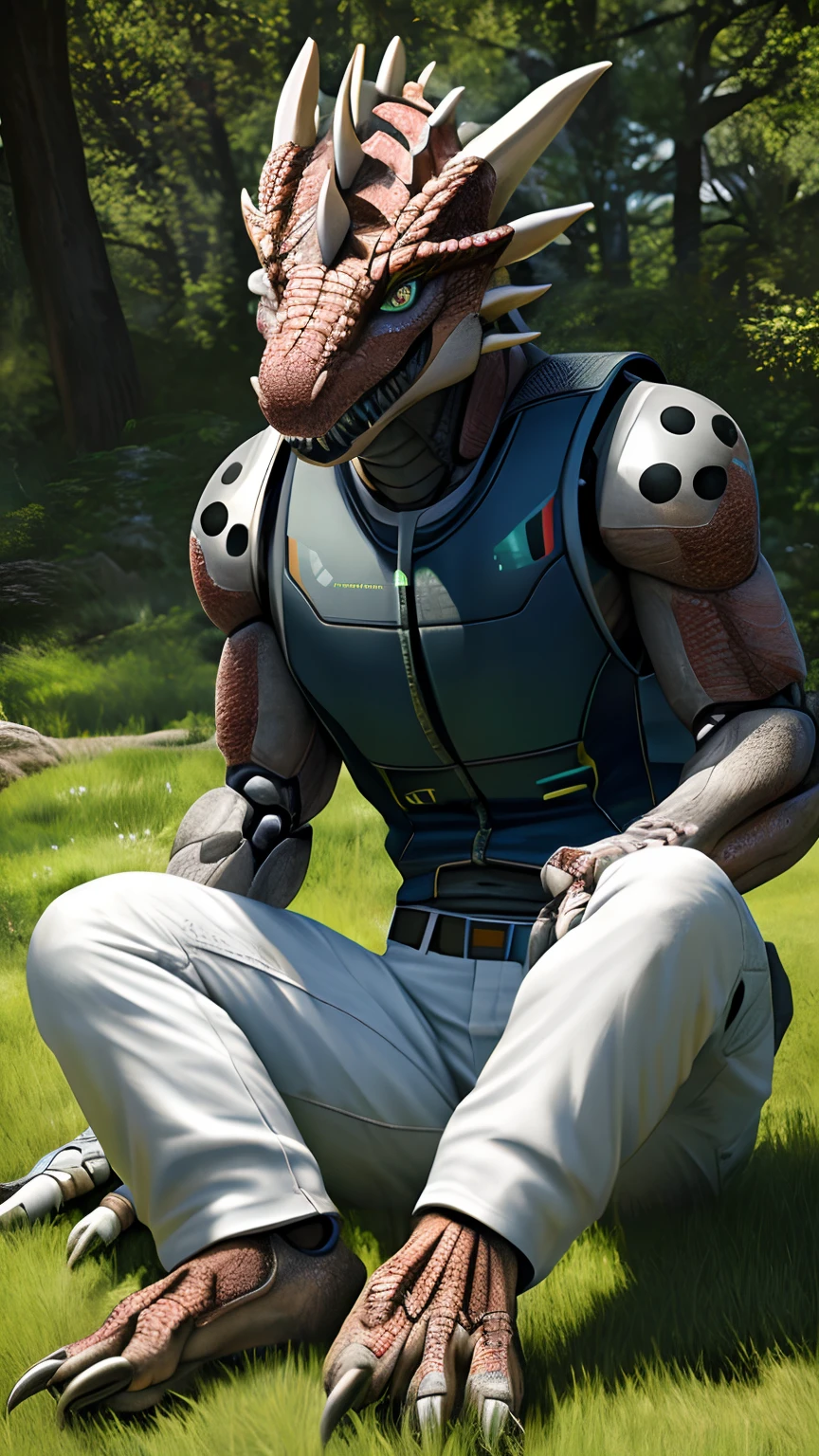 Bionic robot dragon,female,Humanoid,Gilet blanc,short white pants,Sit on grass,HD graphics,Detailed and realistic,high detal,high qulity,photo-realistic,photorealistic eye,Detailed paws,Clear eyes,Masterpiece artwork,Five-fingered hands