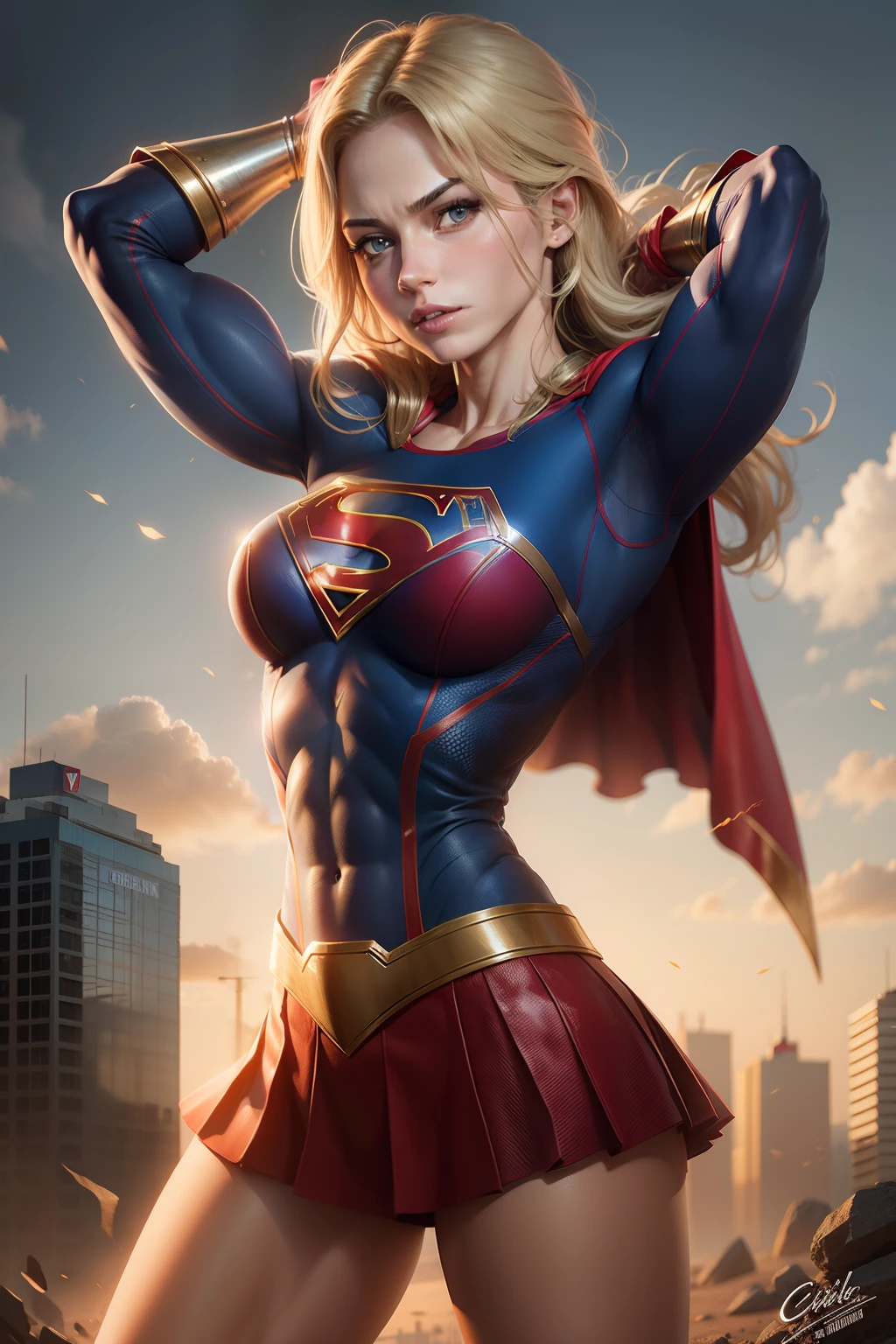 nijistyle, Cowboy shot of beautiful woman in Superman costume, Long Blonde Hair, Heroic, Glowing red eyes, laser eyes, Cape, Particle, skyporn, Red skirt, Red boots, Sexy Pose, large udder, nigh sky, Countless stars, Raise one hand, flying pose,