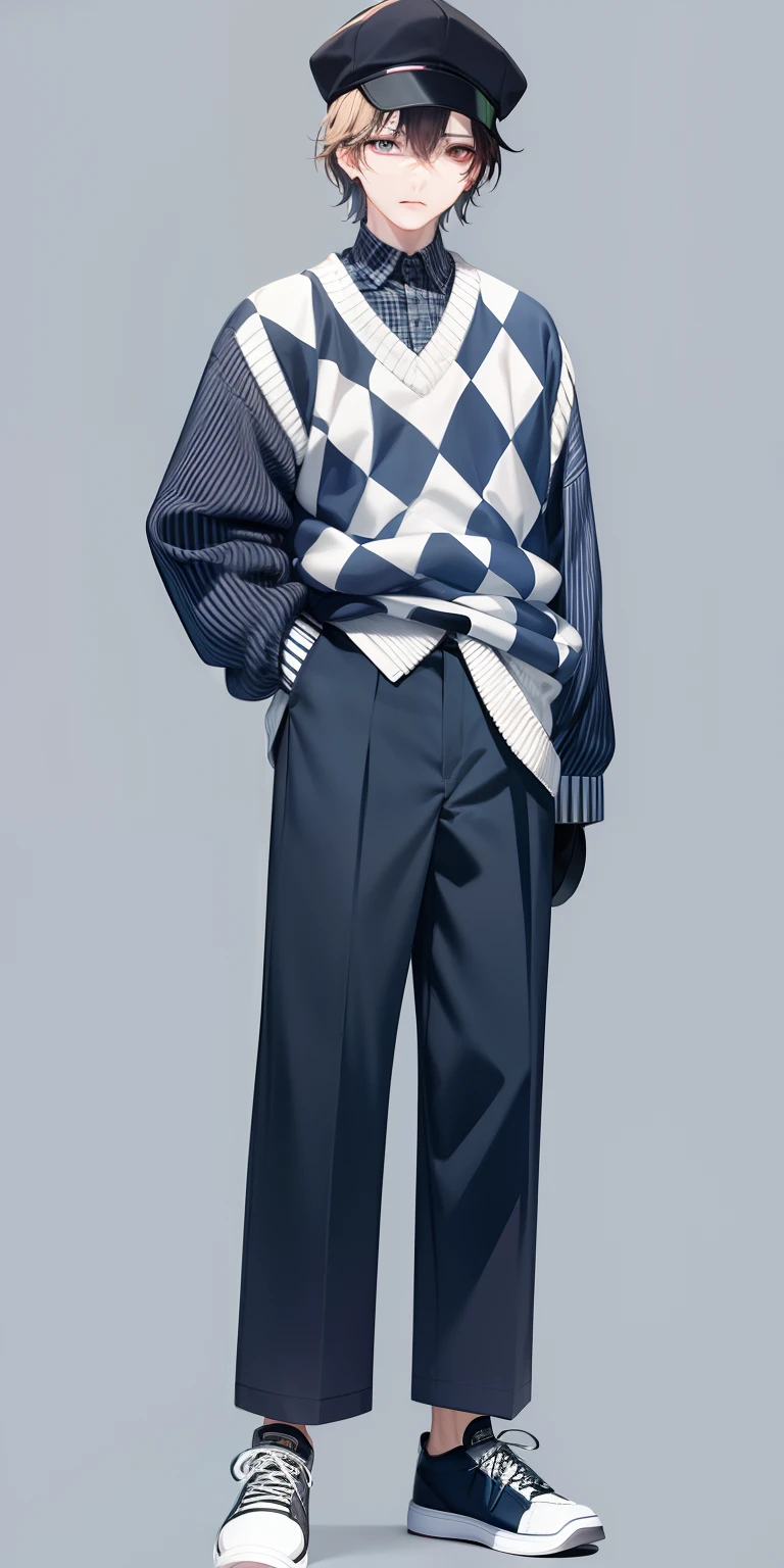 With a hat on、Anime characters in plaid shirts and pants, detailed fashion illustration, inspired by Russell Dongjun Lu, inspired by Sadao Watanabe, inspired by Yanjun Cheng, realistically rendered clothing, inspired by Gao Cen, Cai Xukun, inspired by Fei Danxu, Full body illustration, style of masami kurumada