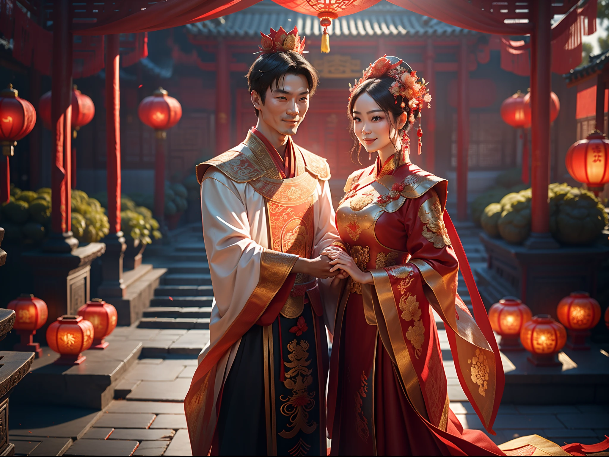 1 man and 1 woman are married,Stand in front of a Chinese-style building, closeup of face,Clear facial features,Happy smile, Look at each other affectionately,Hold hands with each other,A man dresses in ancient costumes in red and gold,A woman wears a red-gold ancient long dress,with a crown on her head, cowboy lens,Chinese courtyard in the background,Red lanterns,Rockery,depth of fields,Super clear,8K