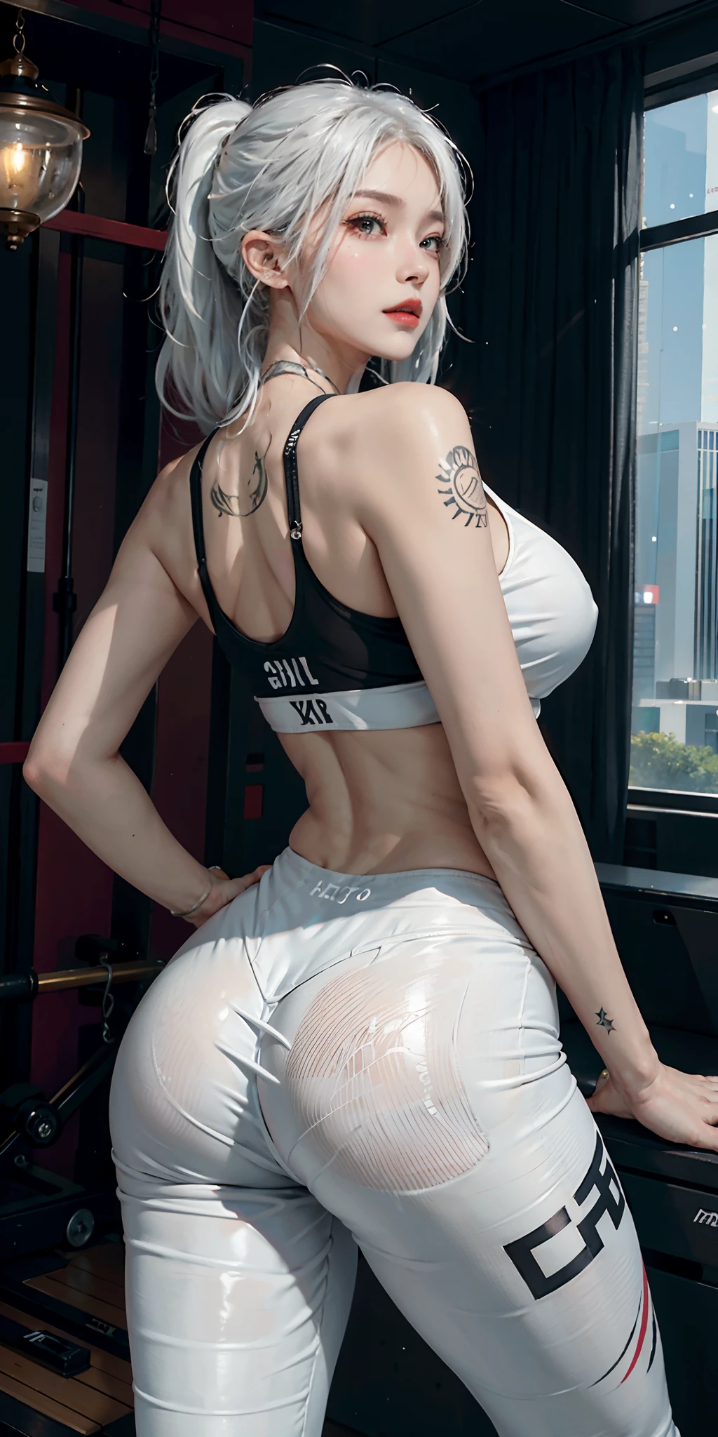 photorealistic, high resolution, soft light,1women, solo, hips up, oil skin, (detailed face), jewelry, tattoo, gymer, gym tights, sports bra, gym room, back view, white hair, lying