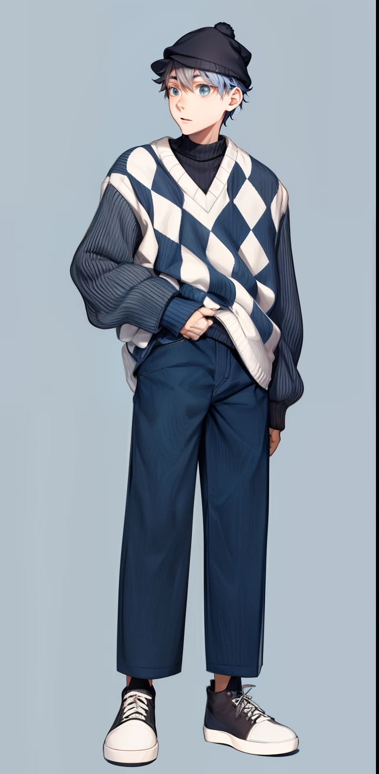 a drawing of a boy in a sweater and hat, full body portrait of a short!, anime full body illustration, single character full body, full body illustration, tall anime guy with blue eyes, !!full body portrait!!, full body character drawing, full body picture, full body single character, full body character, fullbody portrait, full body character design
