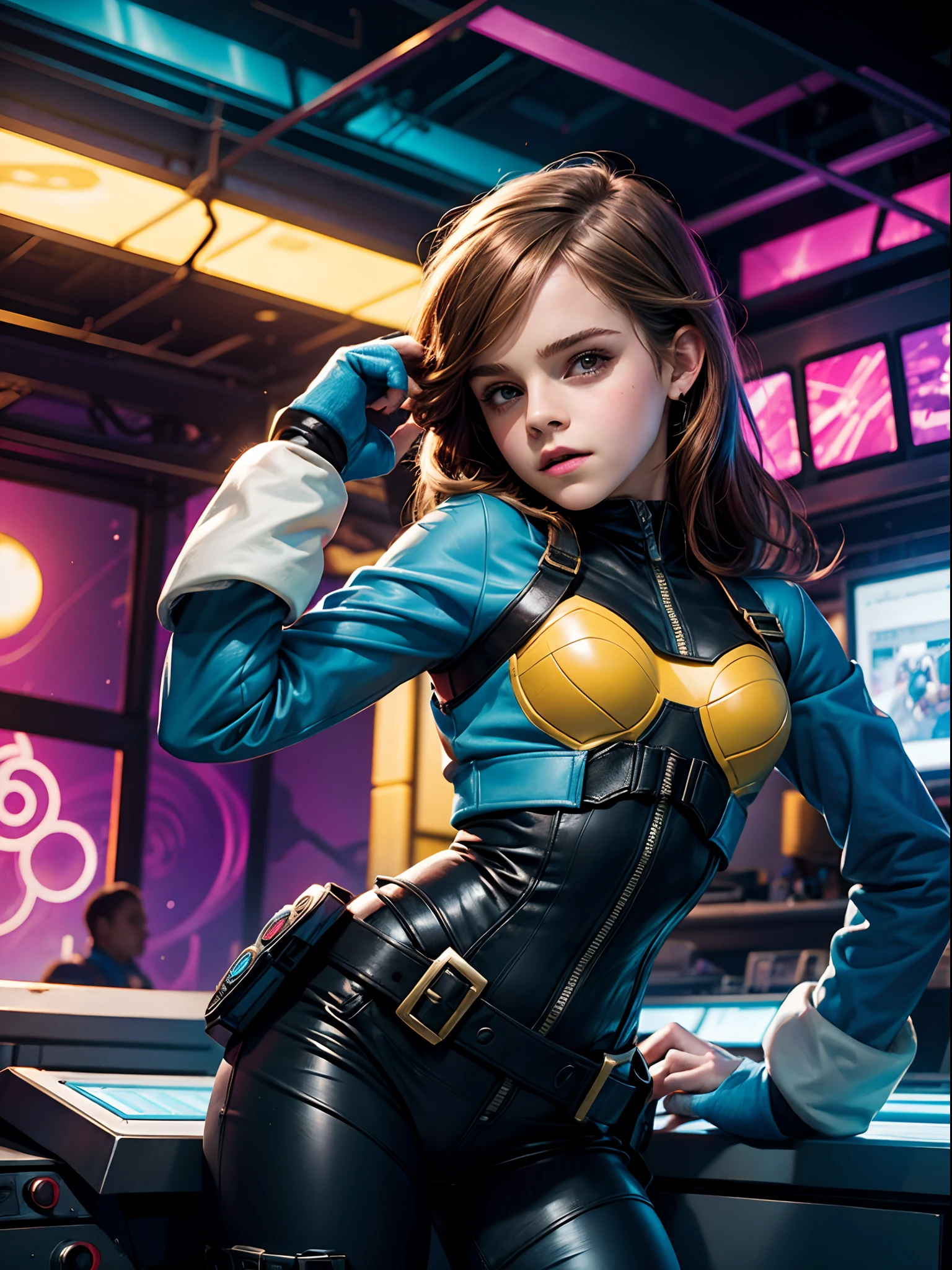 teen emma watson dressed as a sexy mega man. sci fi. vibrant colors.
