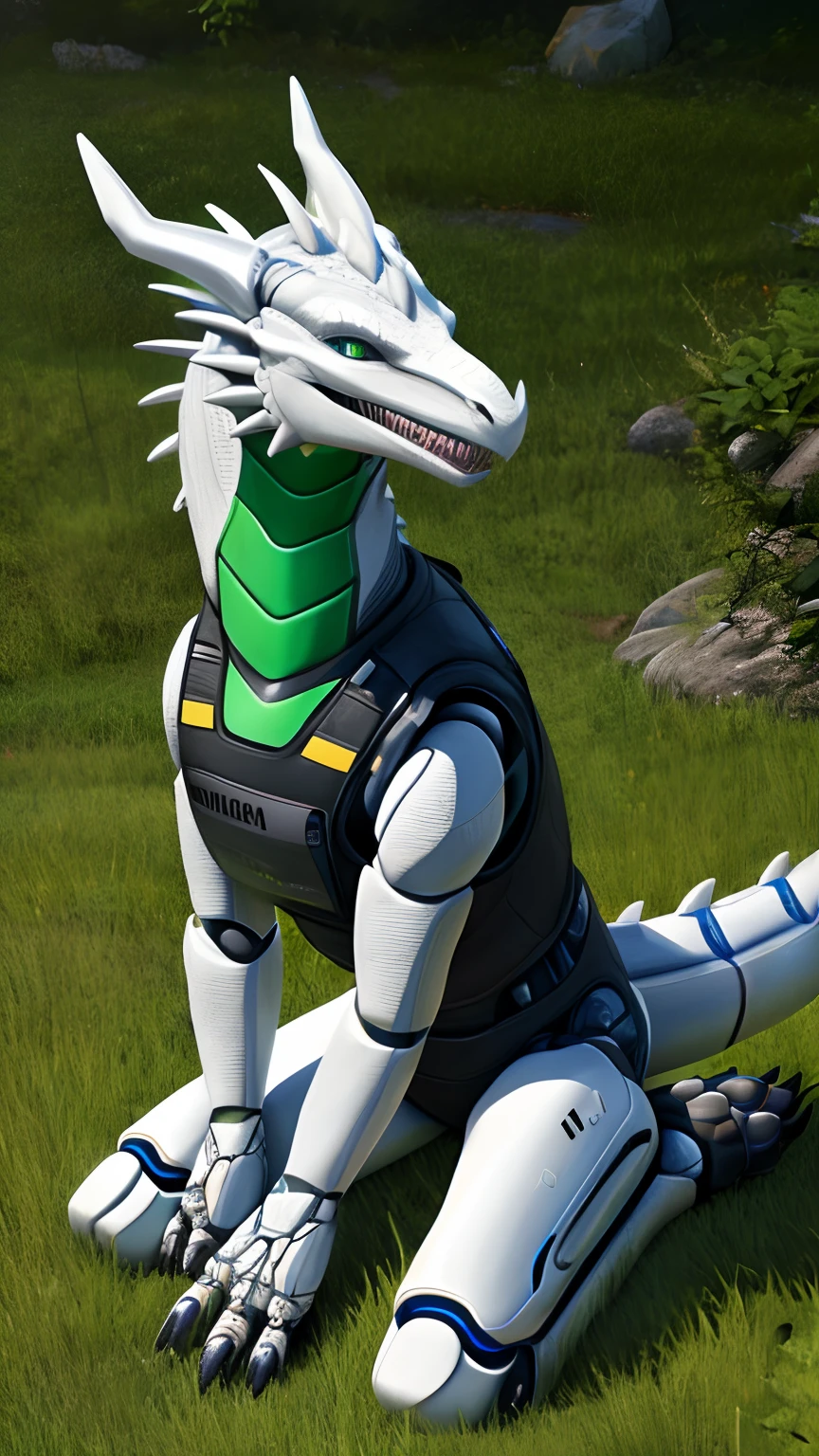 Bionic robot dragon,female,Android,Gilet blanc,short white pants,Sit on grass,HD graphics,Detailed and realistic,high detal,high qulity,photo-realistic,photorealistic eye,Detailed paws,Clear eyes,Masterpiece artwork,Five-fingered hands