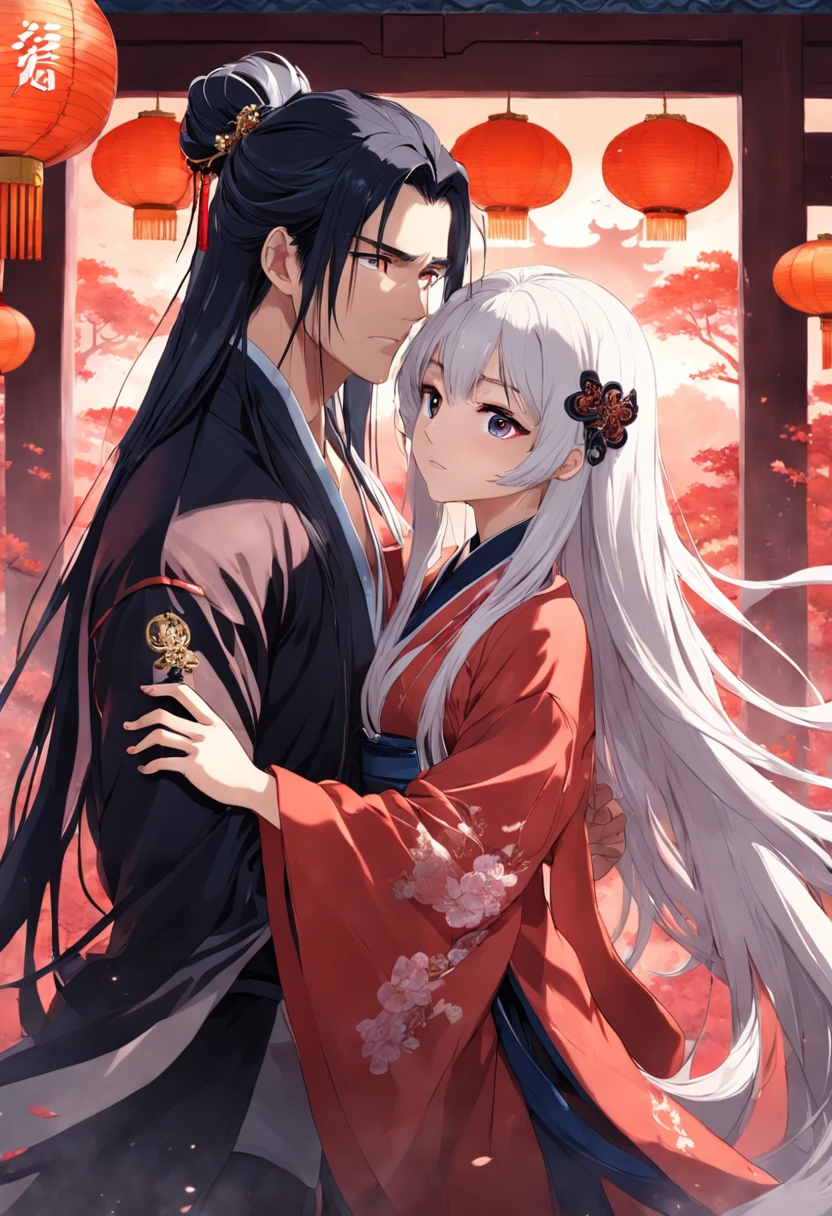 couple, long hair, wearing ancient chinese cinema wedding clothes, men with long white hair, women with black hair.