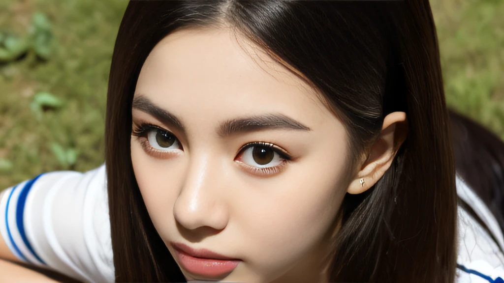 Black ball hair、White Skin Skin、chineseidol、年轻、Thick eyebrows、Black eyes、biting lip、His face was full of doubts、Cheer Uniforms、Customized JF garments、(1 female student)、By the school pond、Sit on a book、Slim eyebrows、Brown hairpins、hentail realism、8K、tmasterpiece、A high resolution、、anatomically correcte、、from above view、32K quality