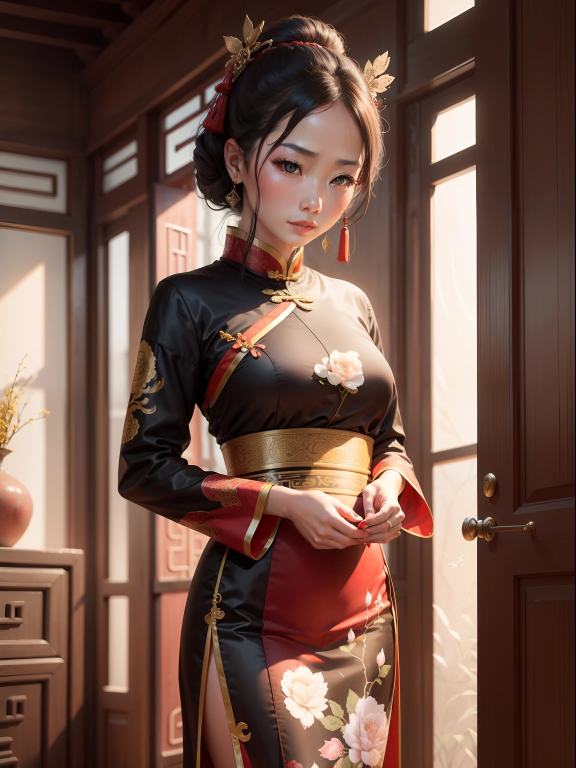 A beautiful young woman in a traditional Chinese cheongsam dress, singing and dancing with a cute, graceful pose, detailed facial features, long eyelashes, porcelain skin, delicate makeup, elegant hairstyle, intricately embroidered dress, flowing skirts, detailed patterns, natural lighting, warm color tones, cinematic composition, masterpiece, best quality, 8k, hyper detailed, photorealistic