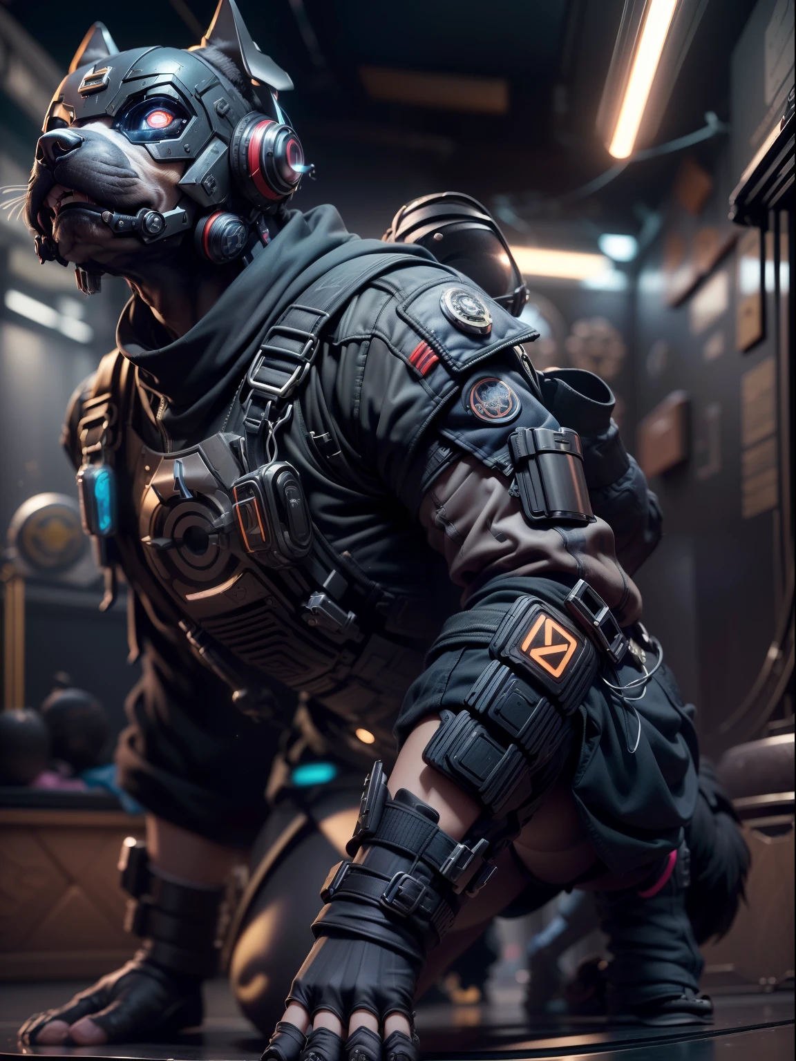 (estilo de brinquedo da caixa cega:1.3),((tiro de corpo inteiro)),(Antropomorfismo),(1 strong warrior dog，sozinho）(((sozinho))),opaque mask，Transparent plastic wick,brilho sonhador, estilo cyberpunk，Fundo preto limpo,estilo preto，(base circular）( global ilumination, ray tracing, HDR, unreal render,Reasonable design, High detail, master part, best quality, hiper HD, Cinematic lighting)