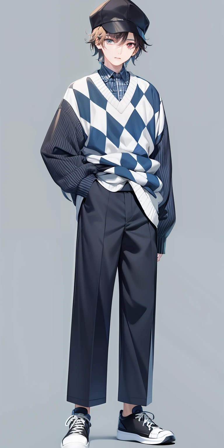 With a hat on、Anime characters in plaid shirts and pants, detailed fashion illustration, inspired by Russell Dongjun Lu, inspired by Sadao Watanabe, inspired by Yanjun Cheng, realistically rendered clothing, inspired by Gao Cen, Cai Xukun, inspired by Fei Danxu, Full body illustration, style of masami kurumada
