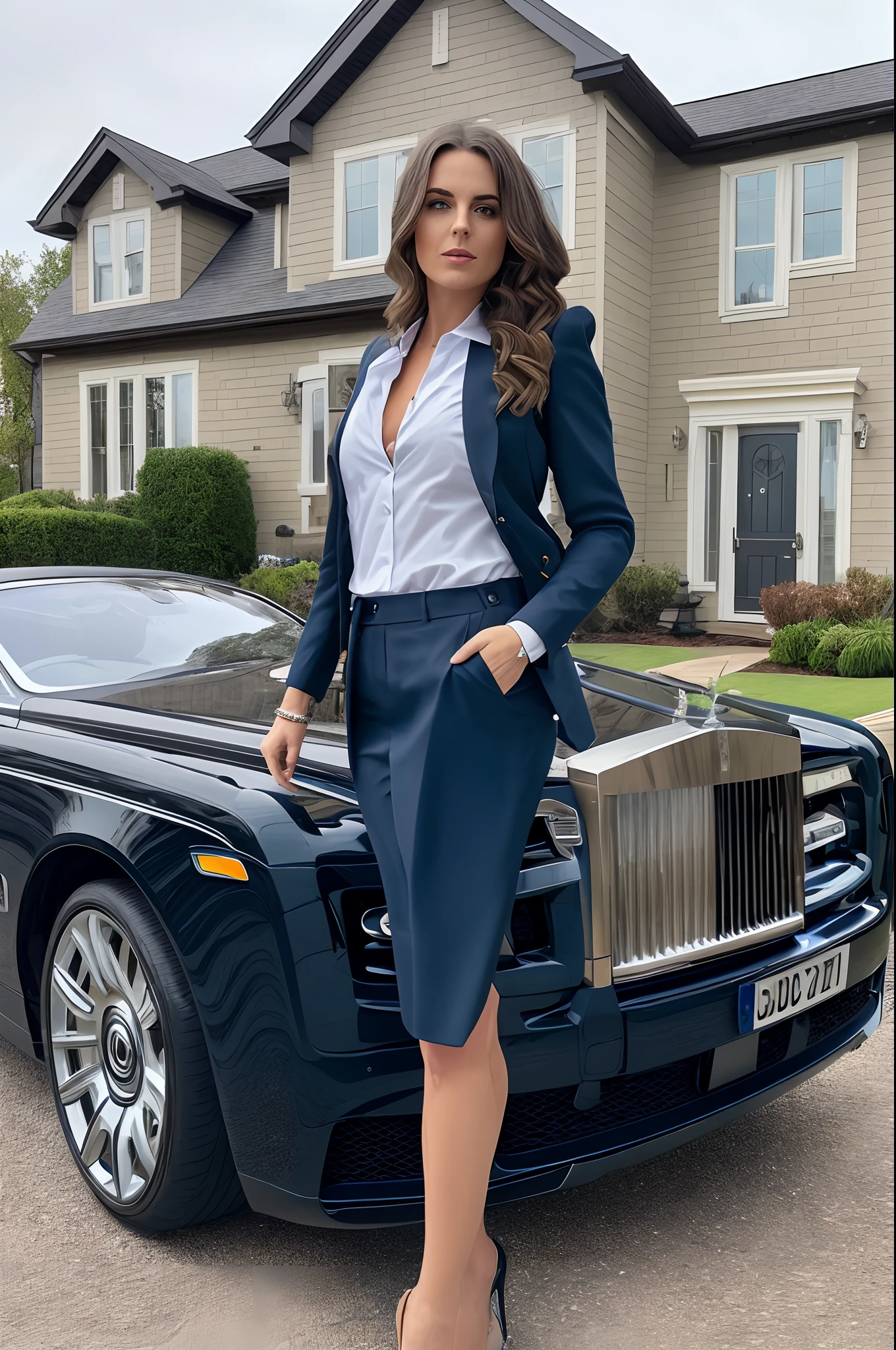 A image containing beautiful woman wears buisness suit standing outside of his big house and showing her rolls Royce